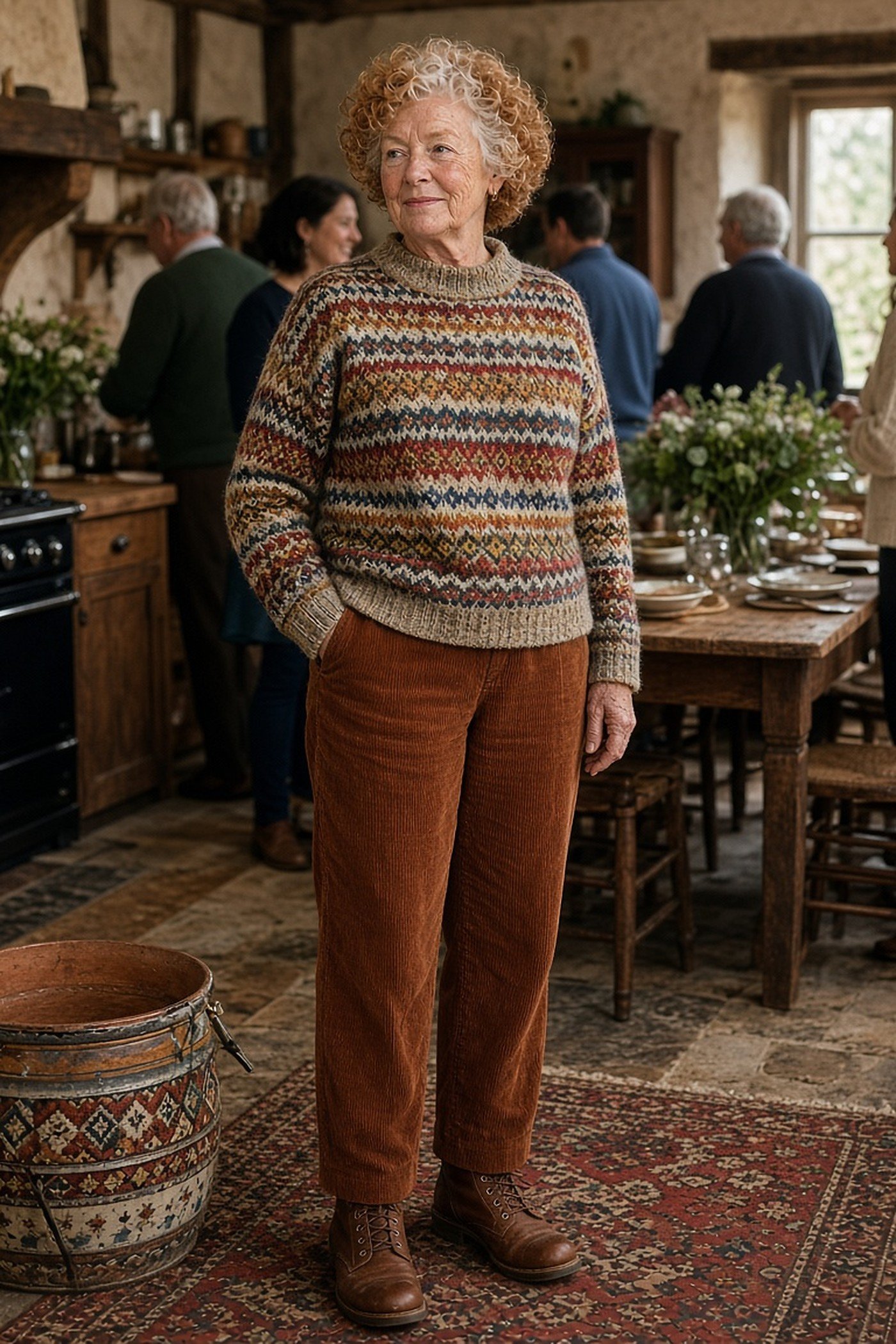 Woman over 60 in Fair Isle sweater and rust corduroy trousers