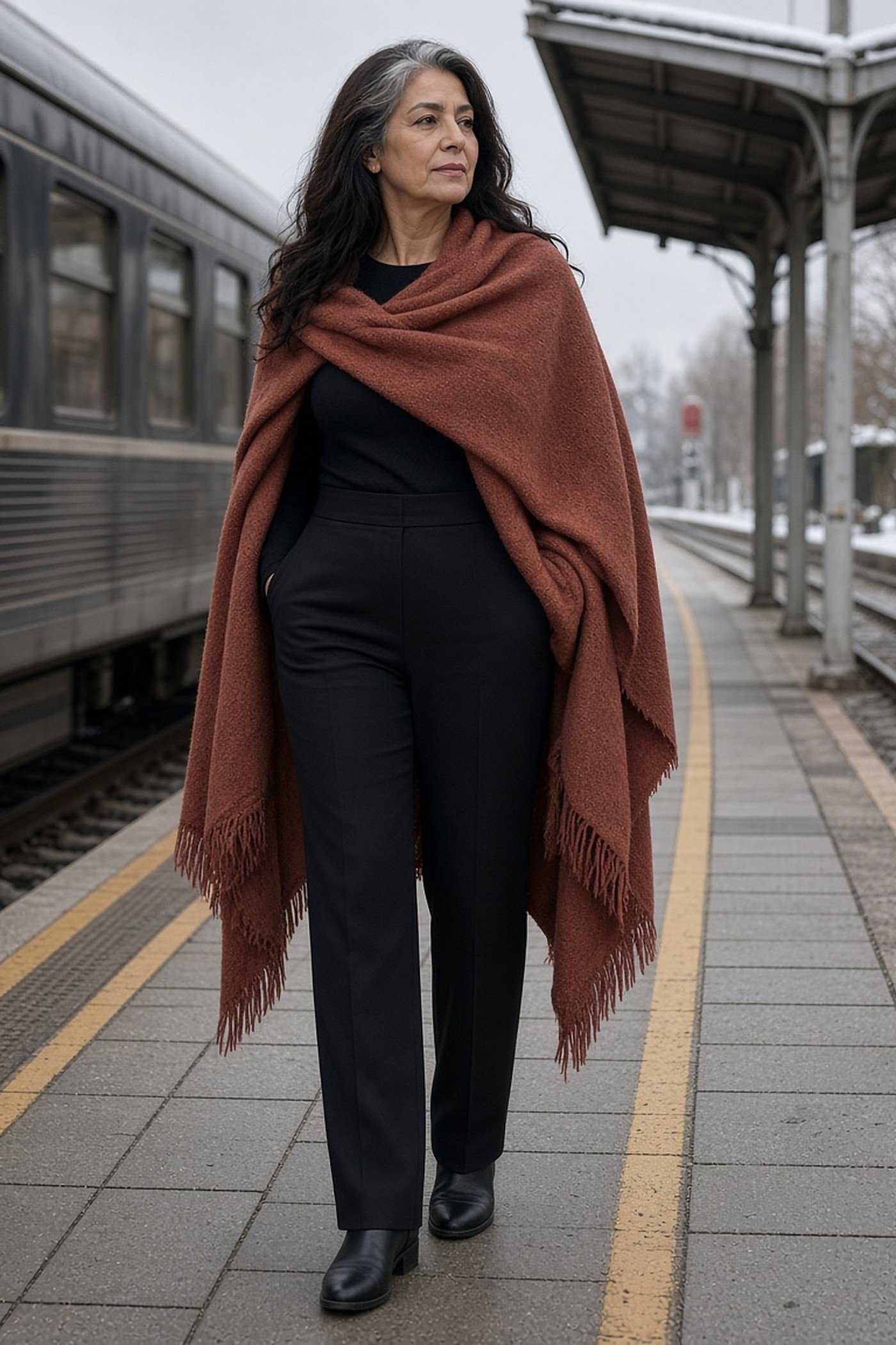 Woman over 60 in pull-on trousers and terracotta wool wrap