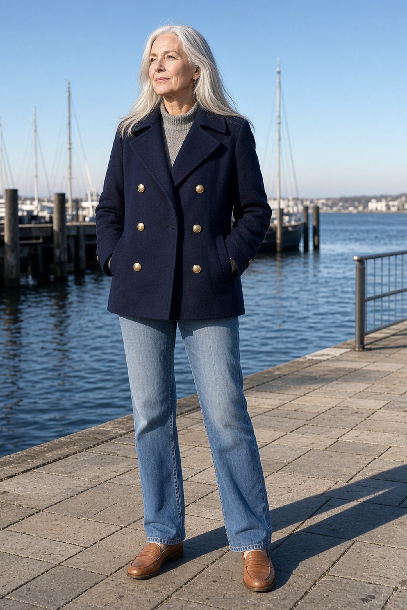 Woman over 60 in navy peacoat and jeans