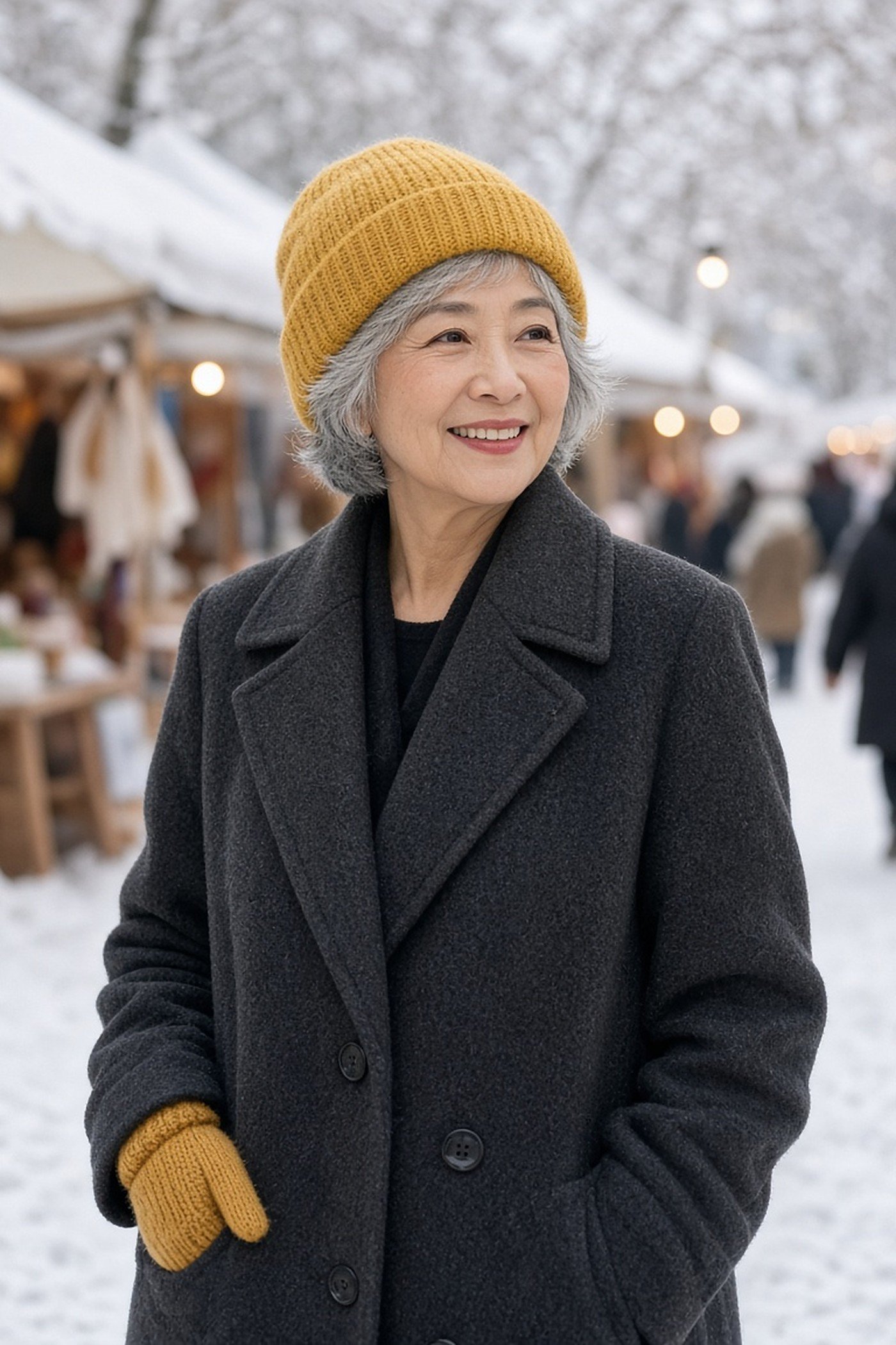 Woman over 60 in mustard knit hat and gloves set