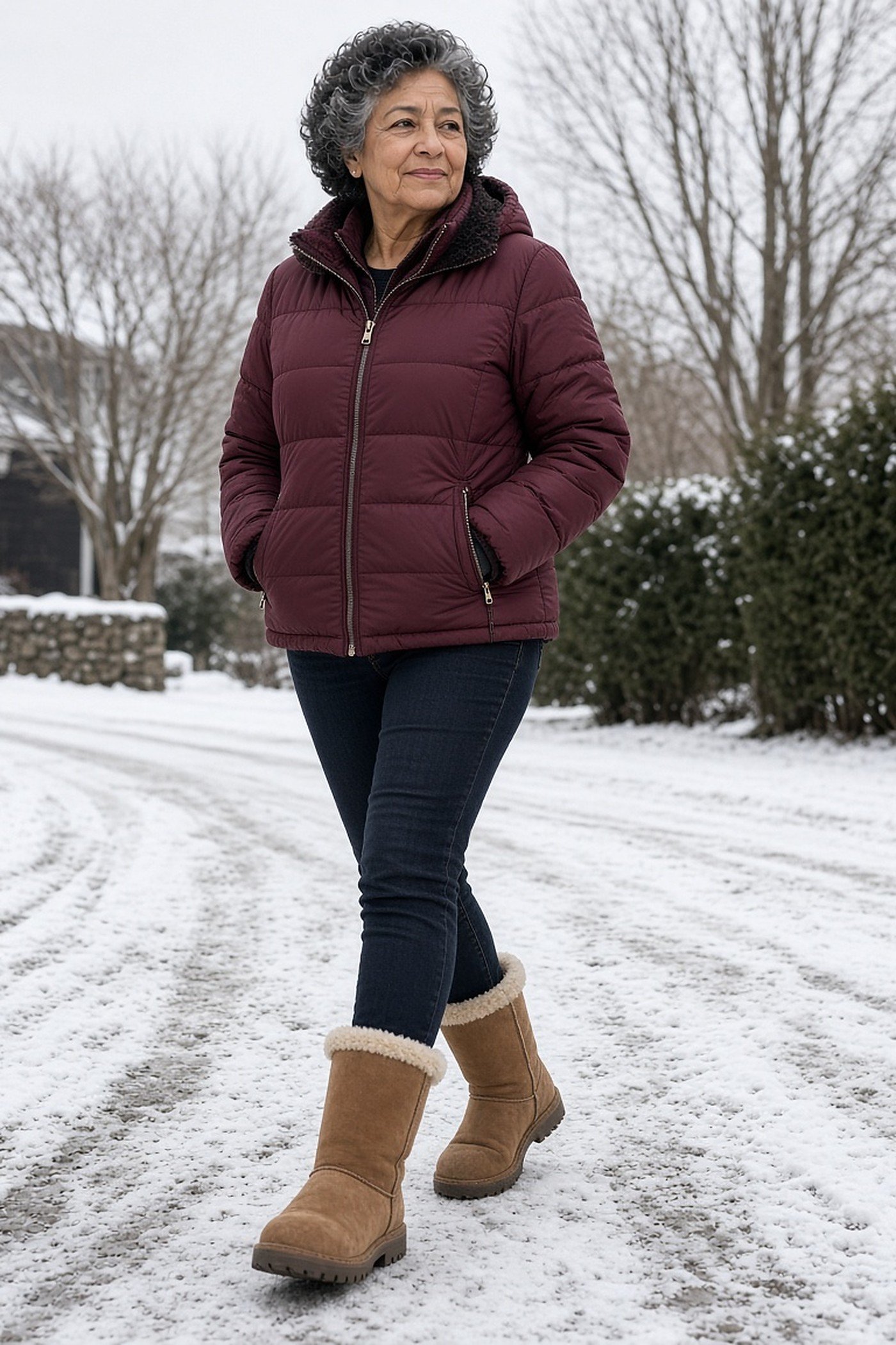 Woman over 60 in shearling-lined boots and burgundy puffer