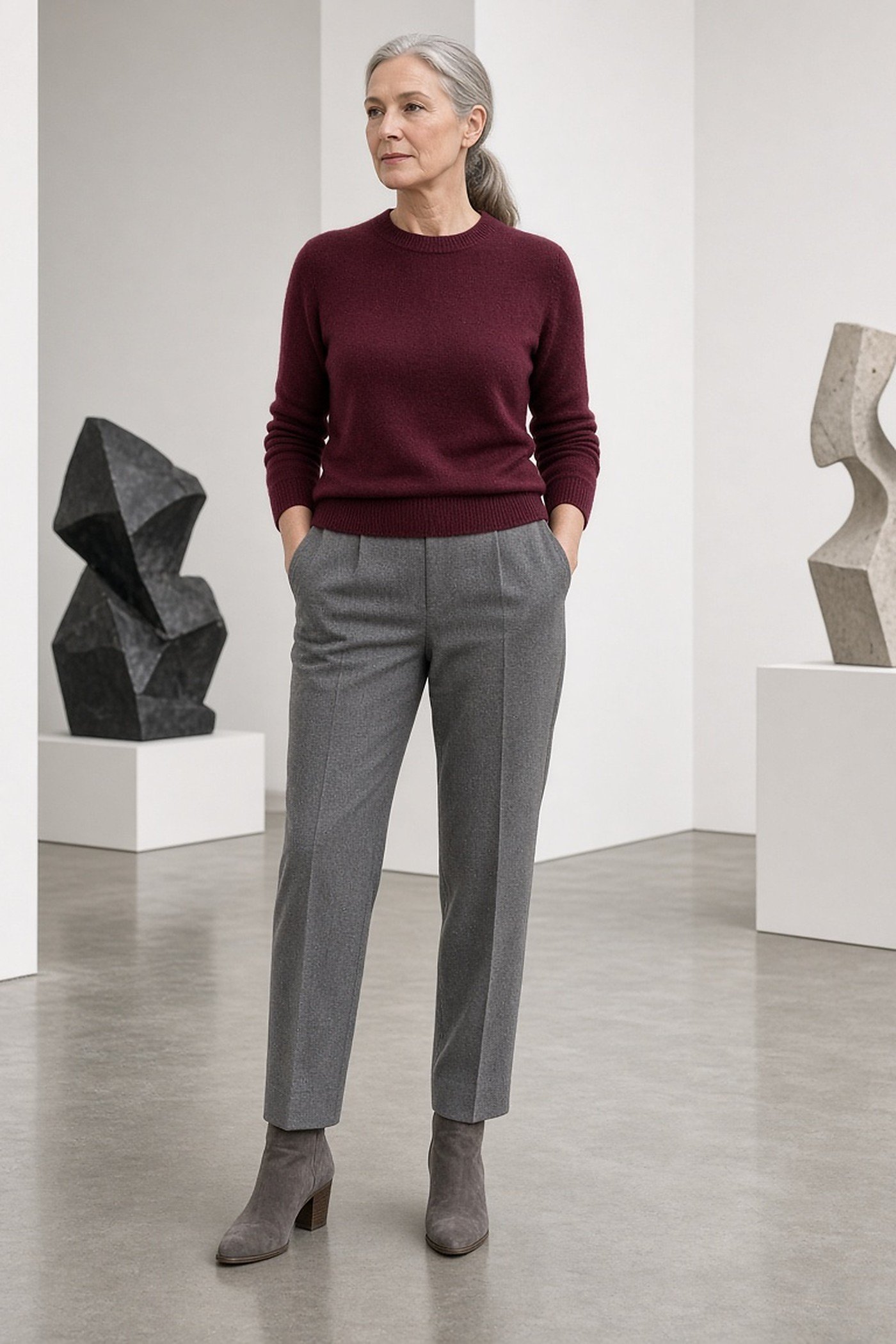 Woman over 60 in burgundy sweater and gray trousers