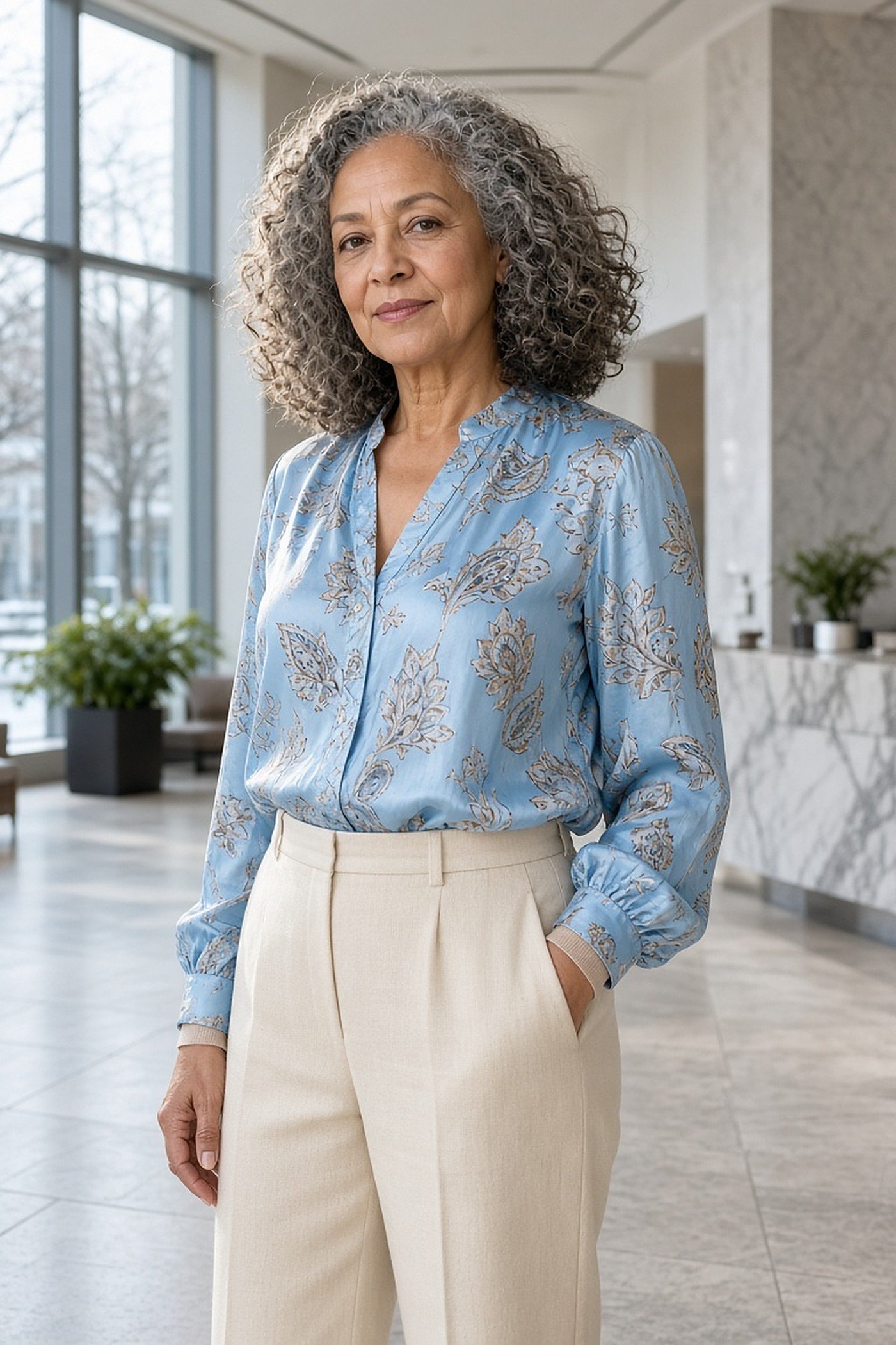 Woman over 60 in silk blouse over a thermal layer