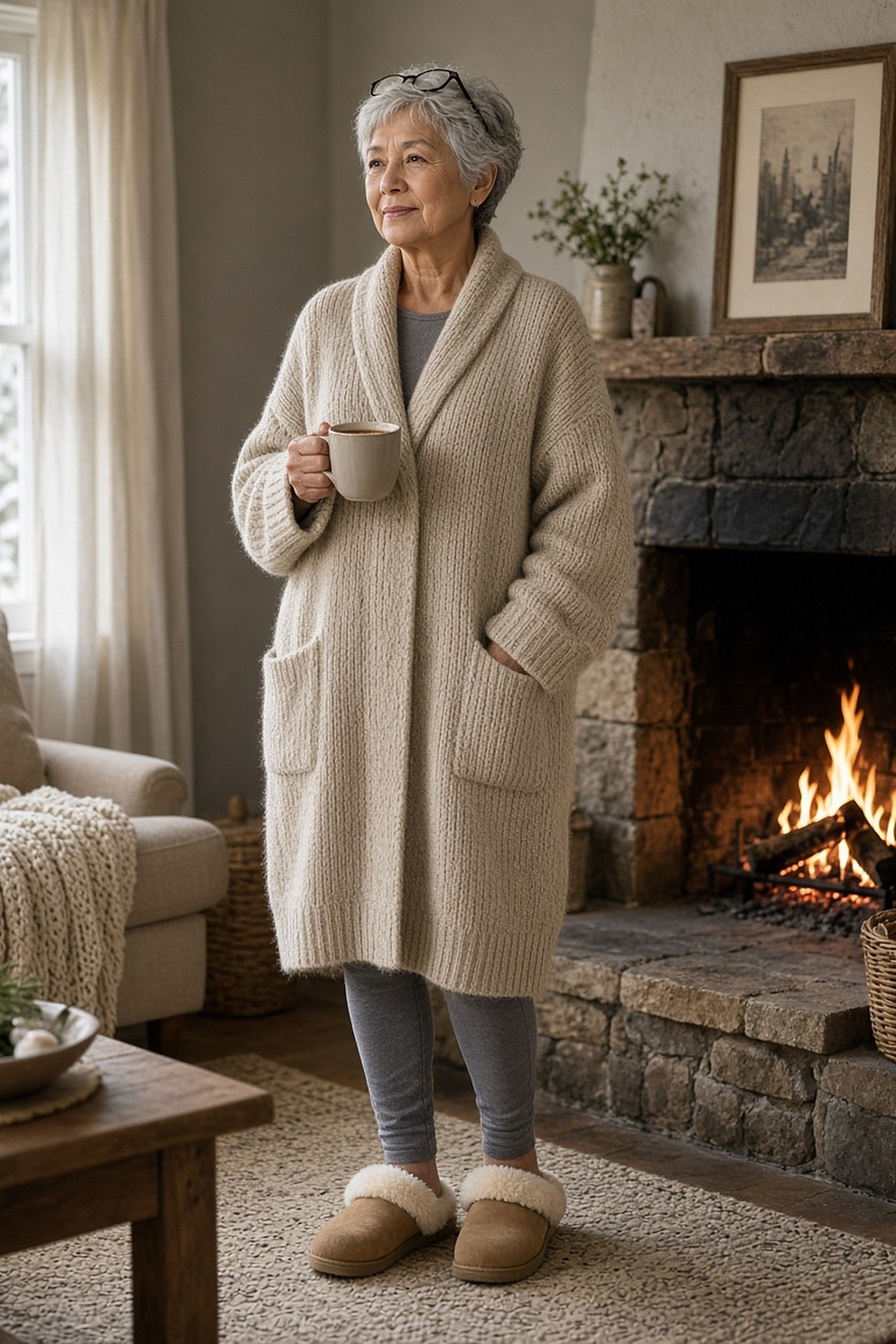 Woman over 60 in long oatmeal cardigan coat at home