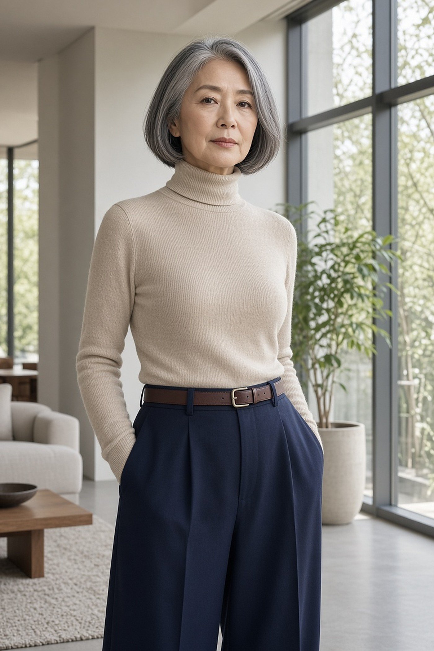 Woman over 60 in oatmeal cashmere turtleneck and navy trousers