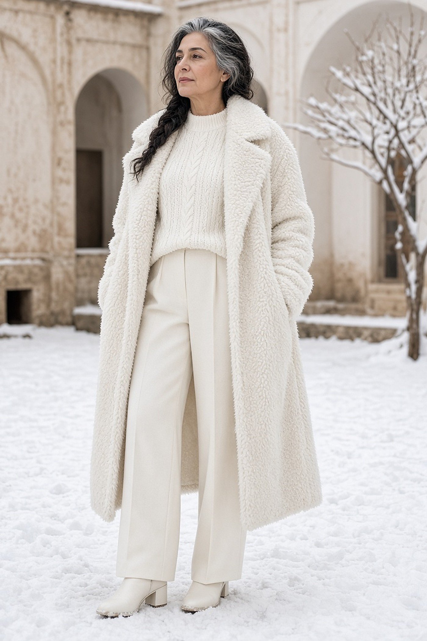 Woman over 60 in winter white outfit with teddy coat