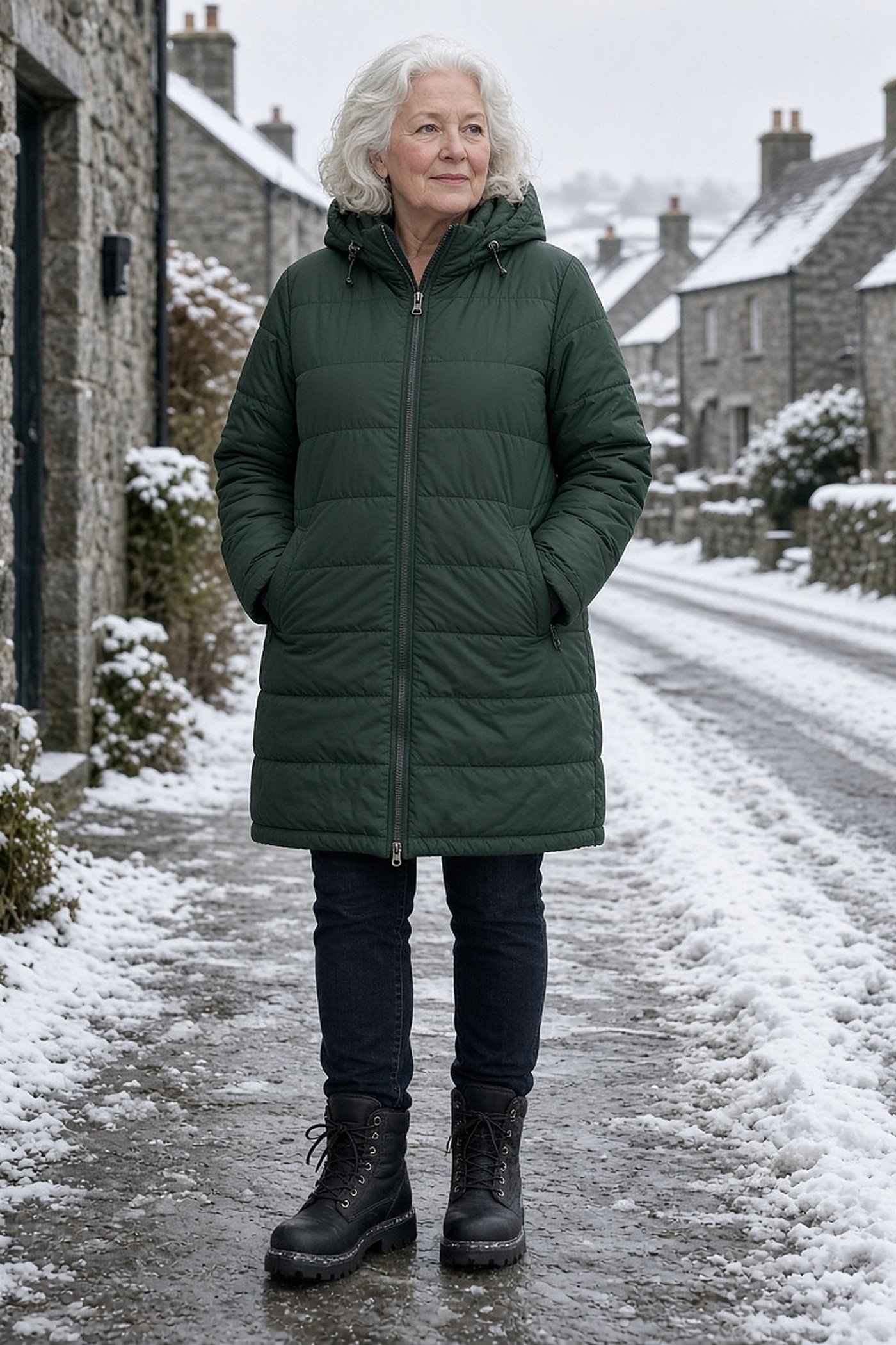 Woman over 60 in green quilted hooded coat and snow boots