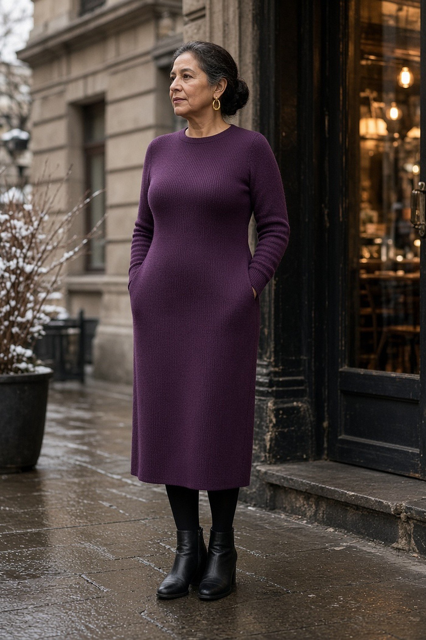 Woman over 60 in plum knit midi dress with black tights