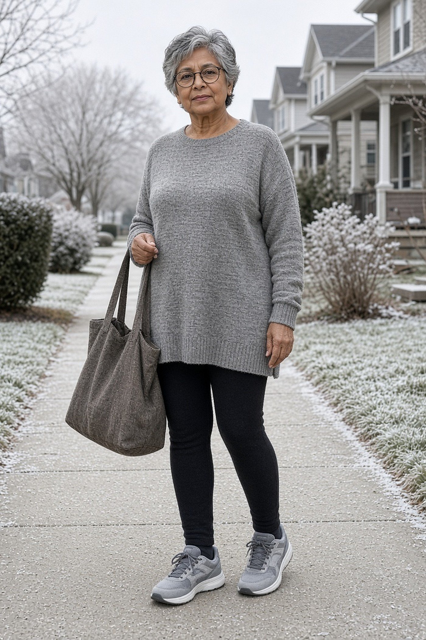 Woman over 60 in gray tunic sweater and fleece-lined leggings