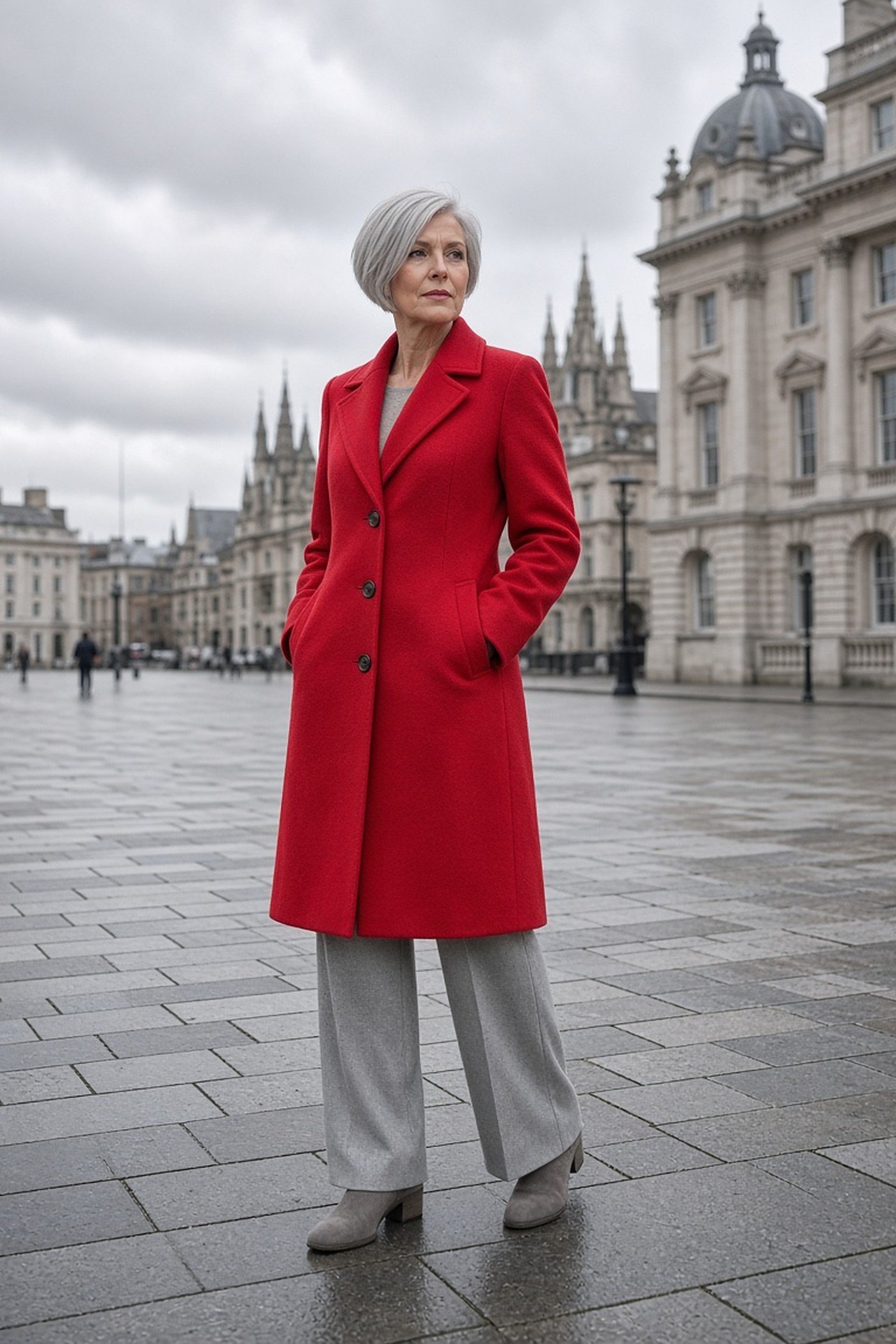 Woman over 60 in red wool coat on a gray day