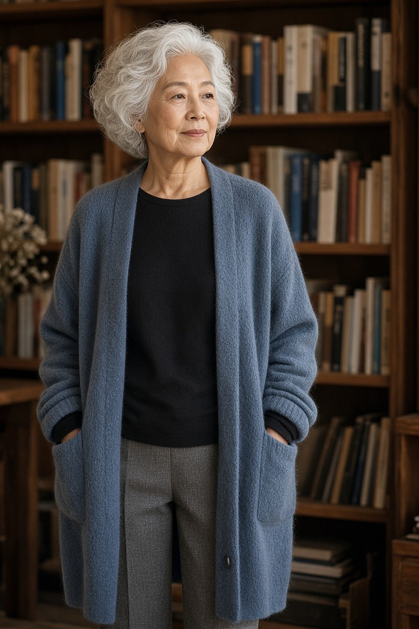 Woman over 60 in layered blue cardigan over black top