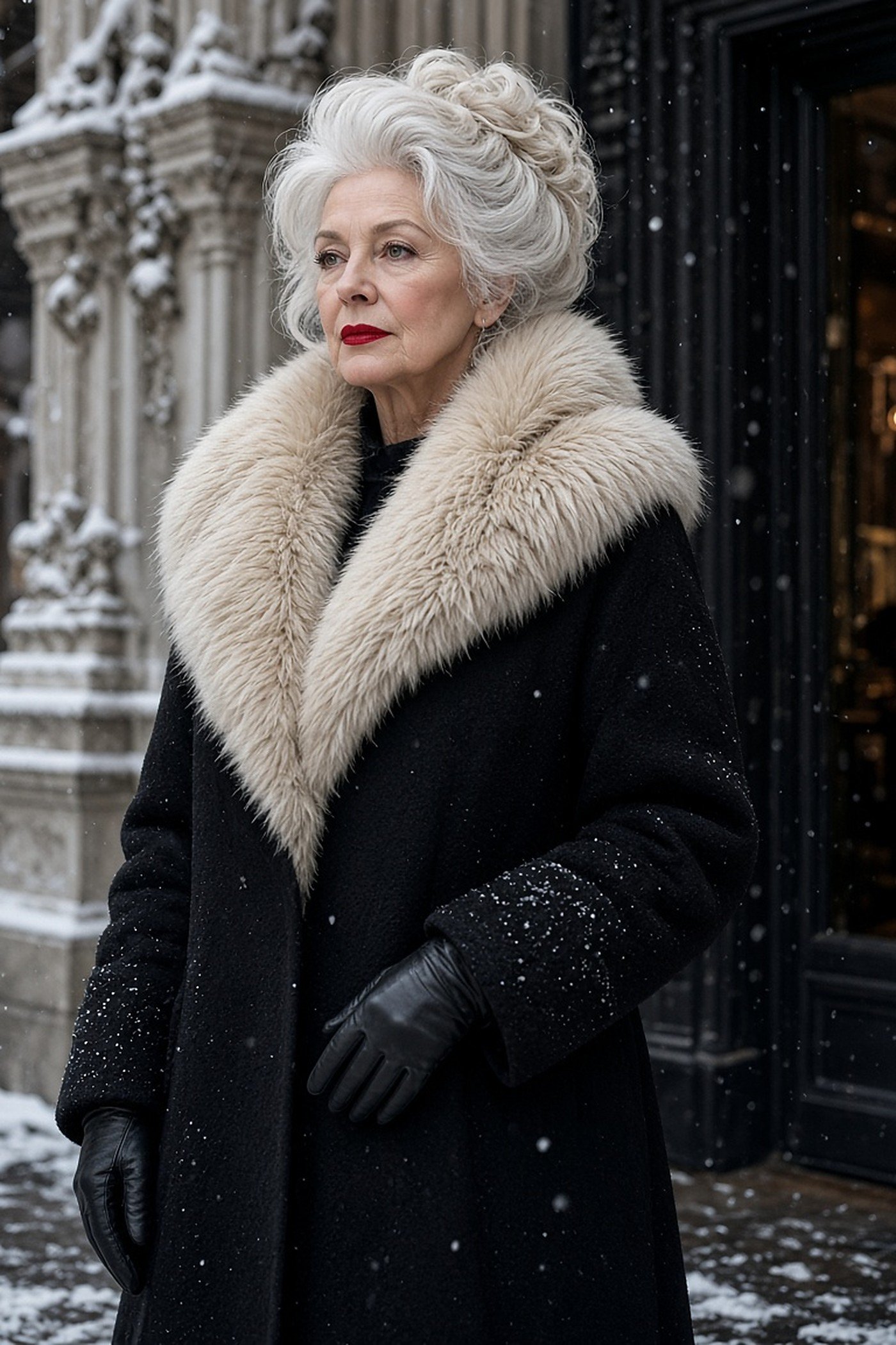 Woman over 60 in black coat with cream faux fur collar