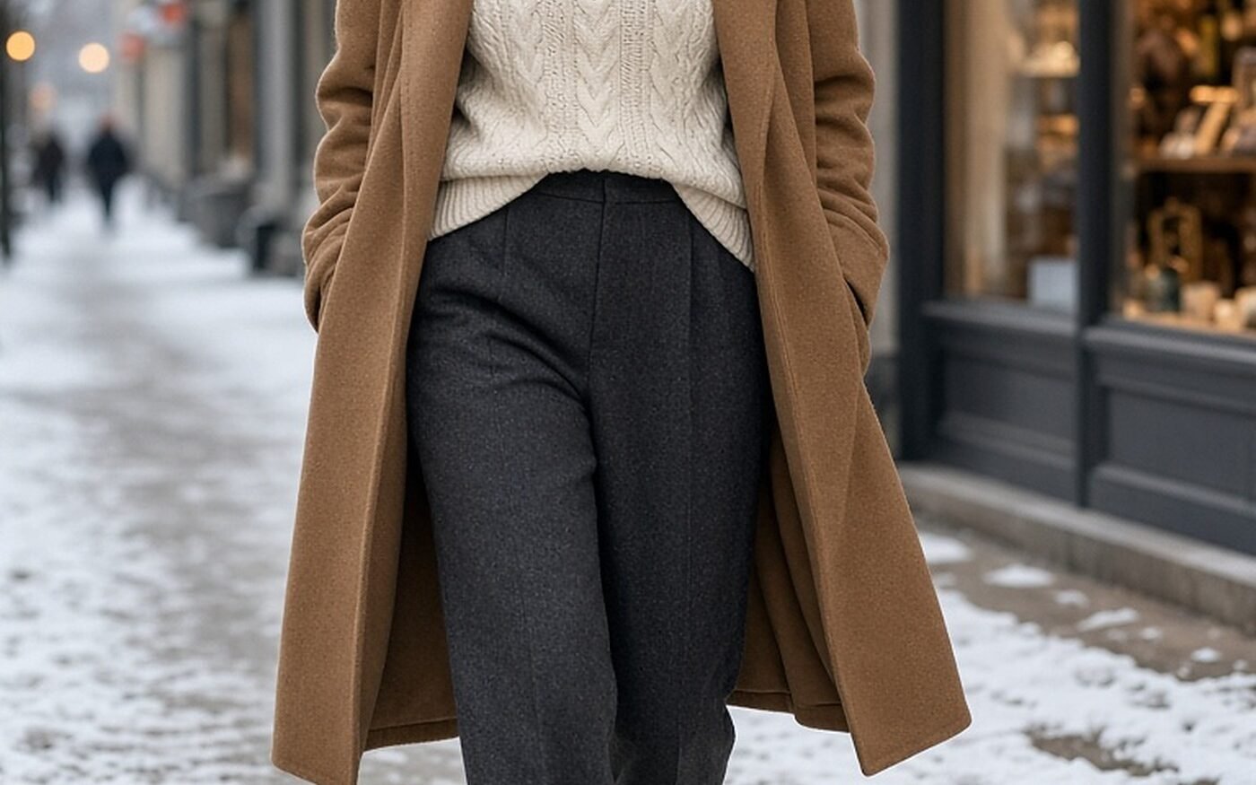 Woman over 60 in camel coat and cream cable knit on a snowy street