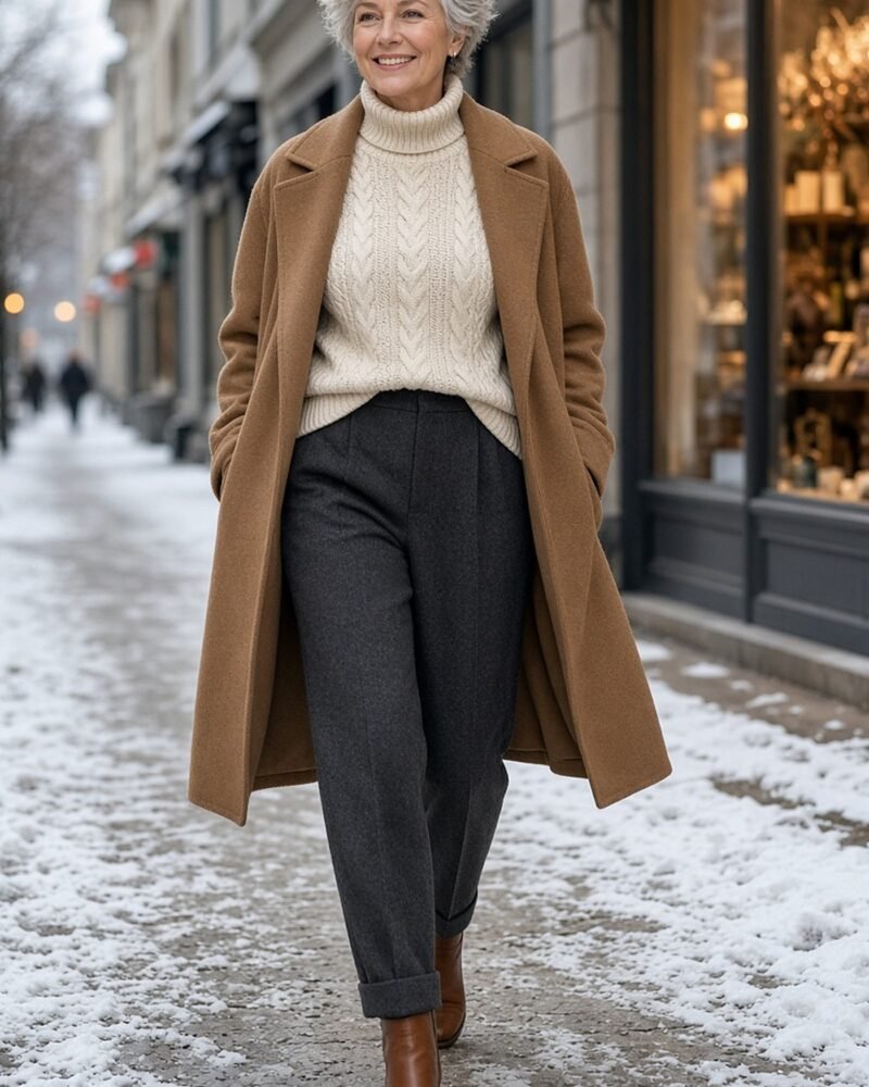 Woman over 60 in camel coat and cream cable knit on a snowy street