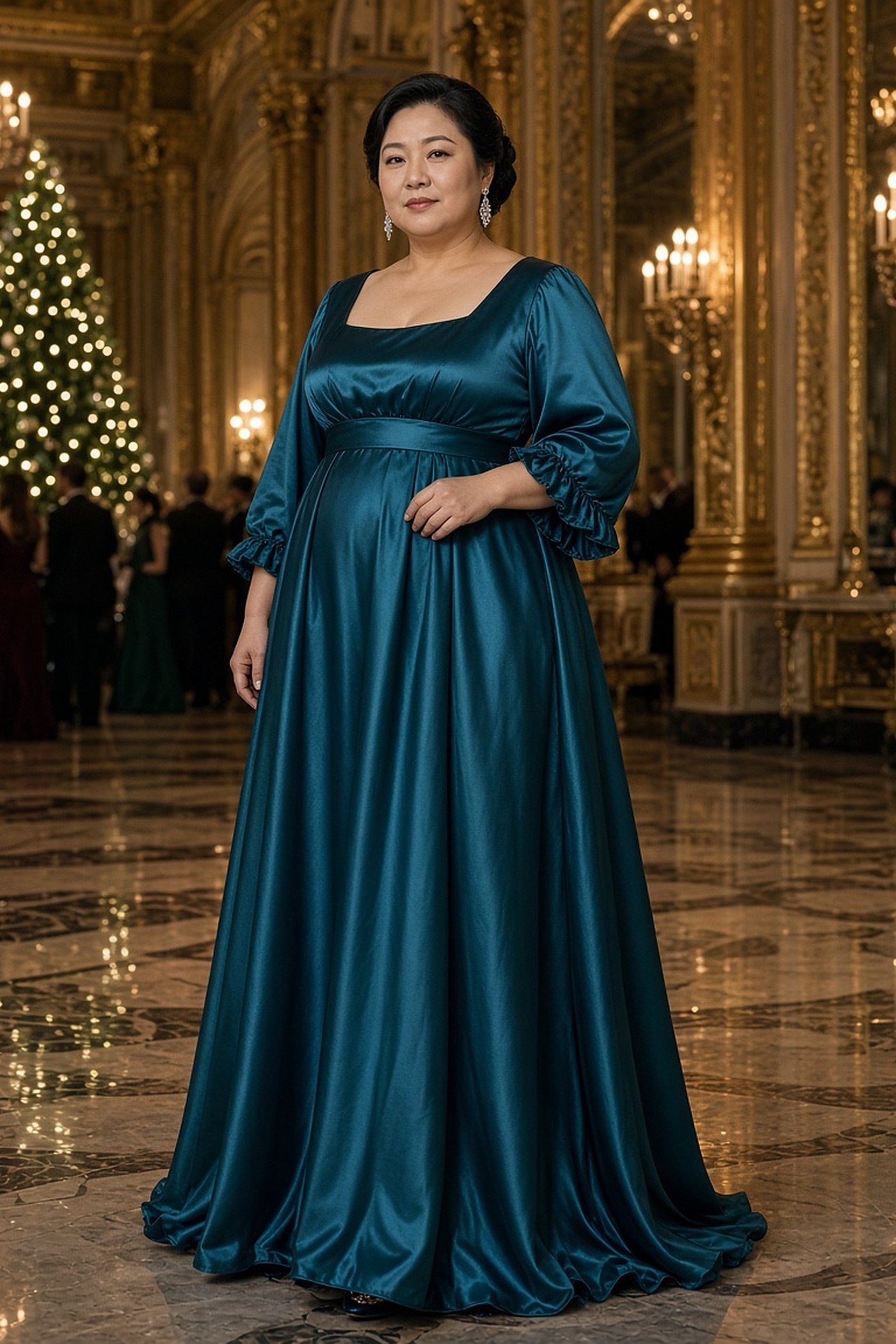 Plus-size woman in teal empire waist maxi dress