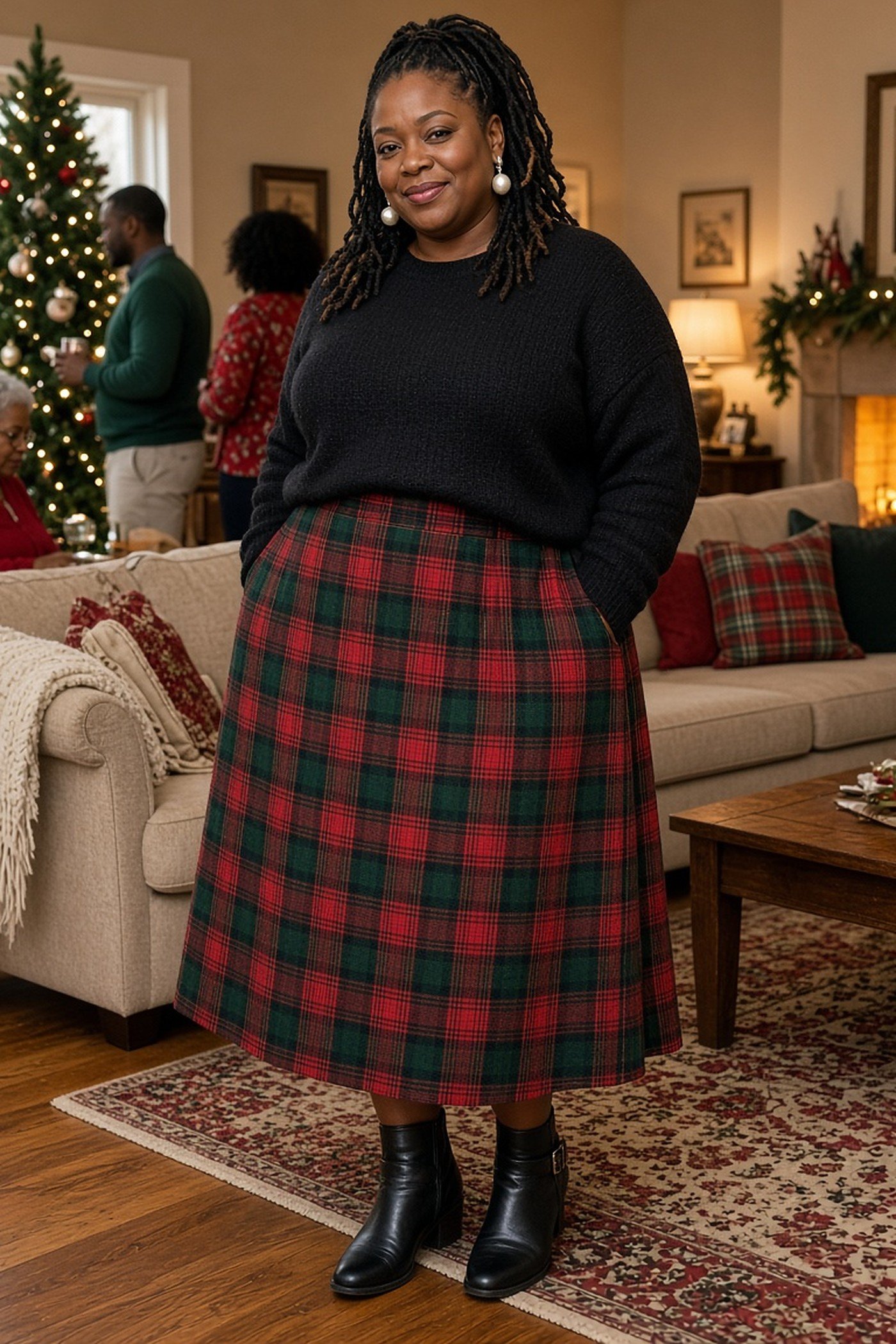 Plus-size woman in tartan midi skirt and black sweater