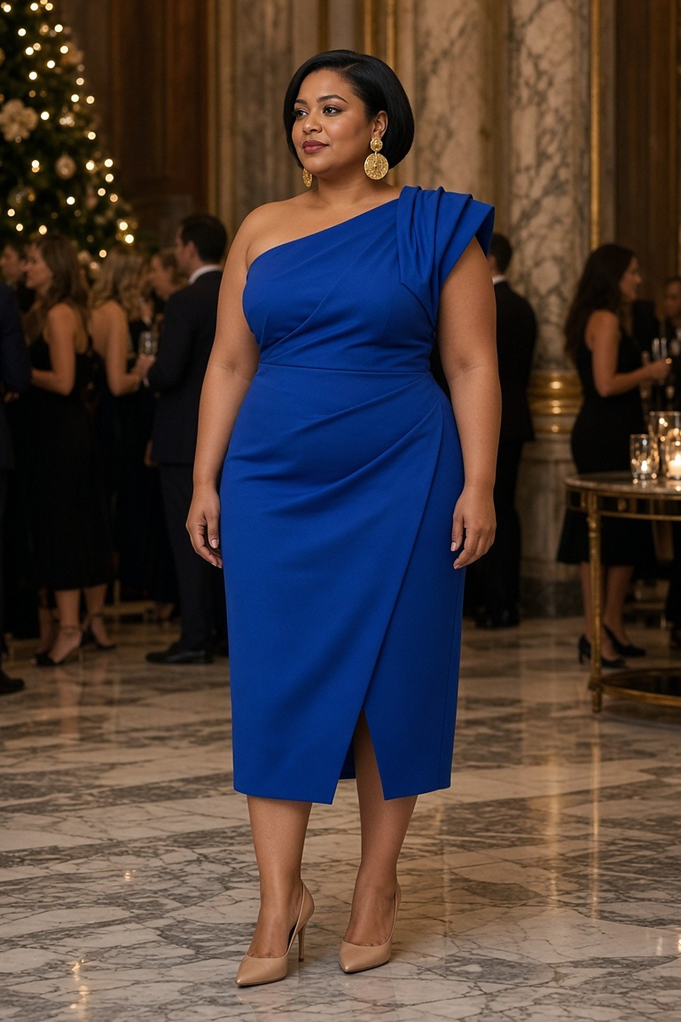 Plus-size woman in cobalt one-shoulder dress