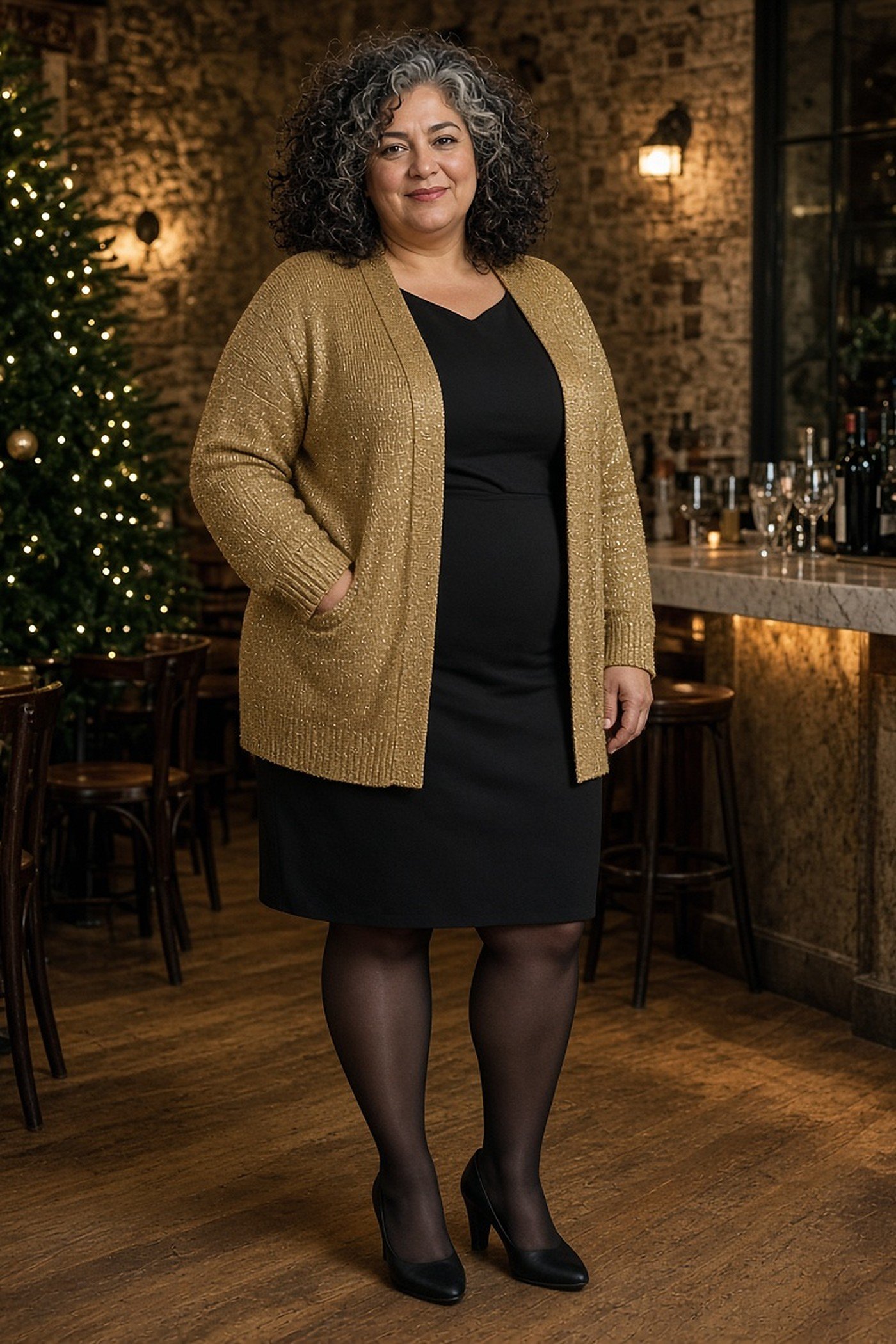 Plus-size woman in gold shimmer cardigan over black dress