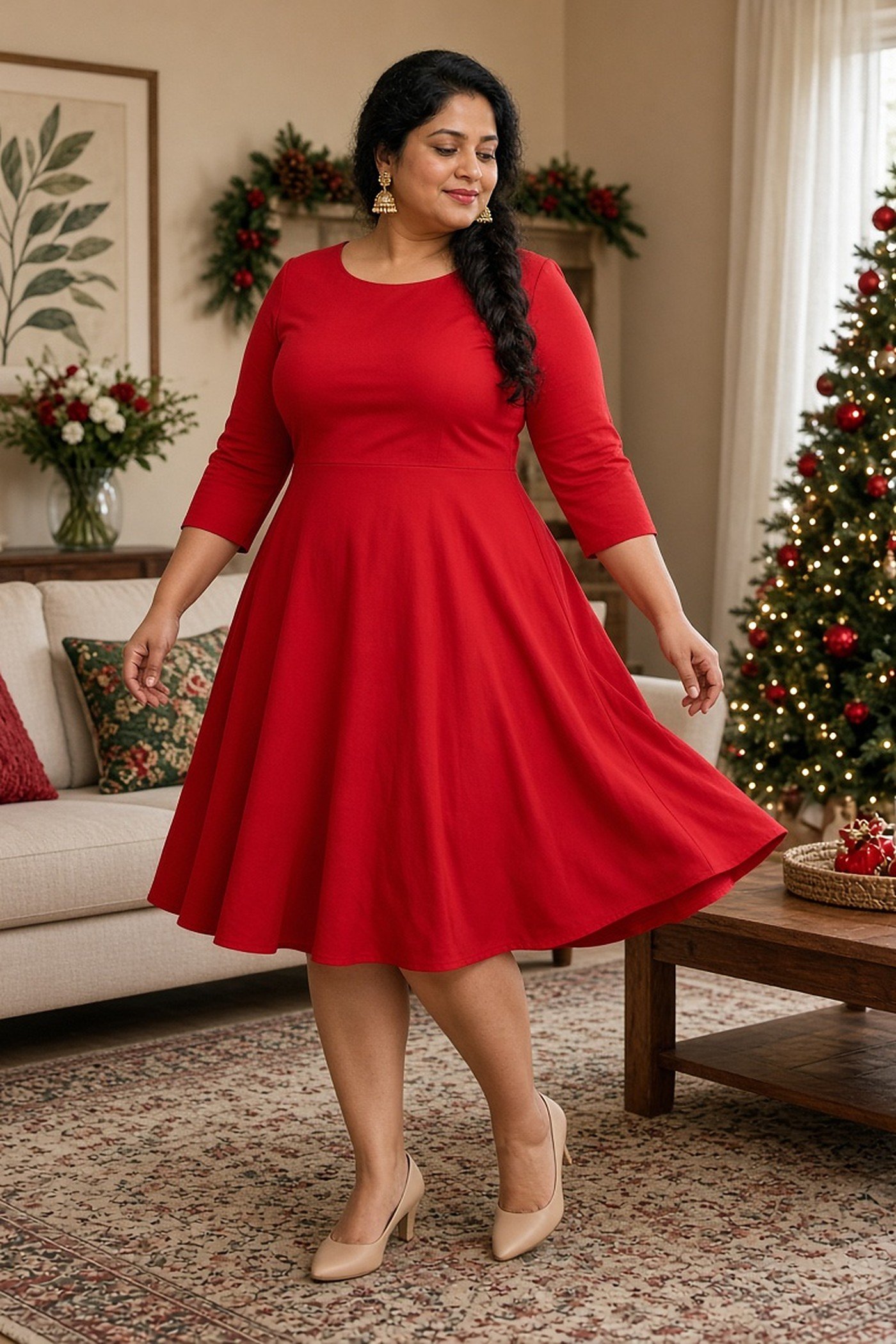 Plus-size woman in red fit-and-flare dress