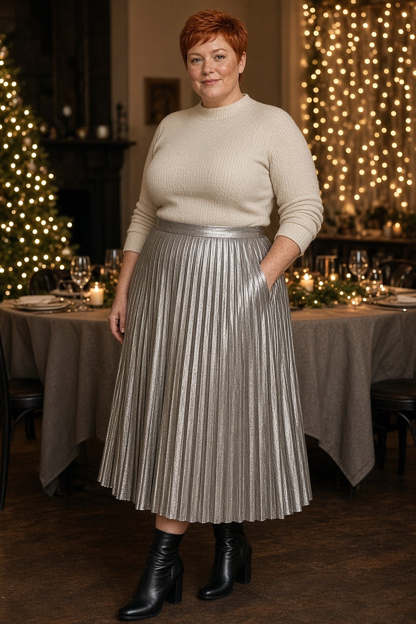 Plus-size woman in silver metallic pleated skirt