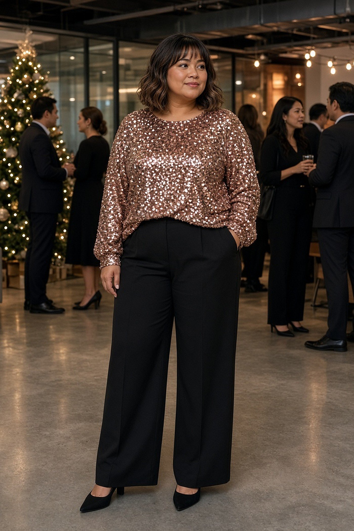 Plus-size woman in rose-gold sequin top and black trousers