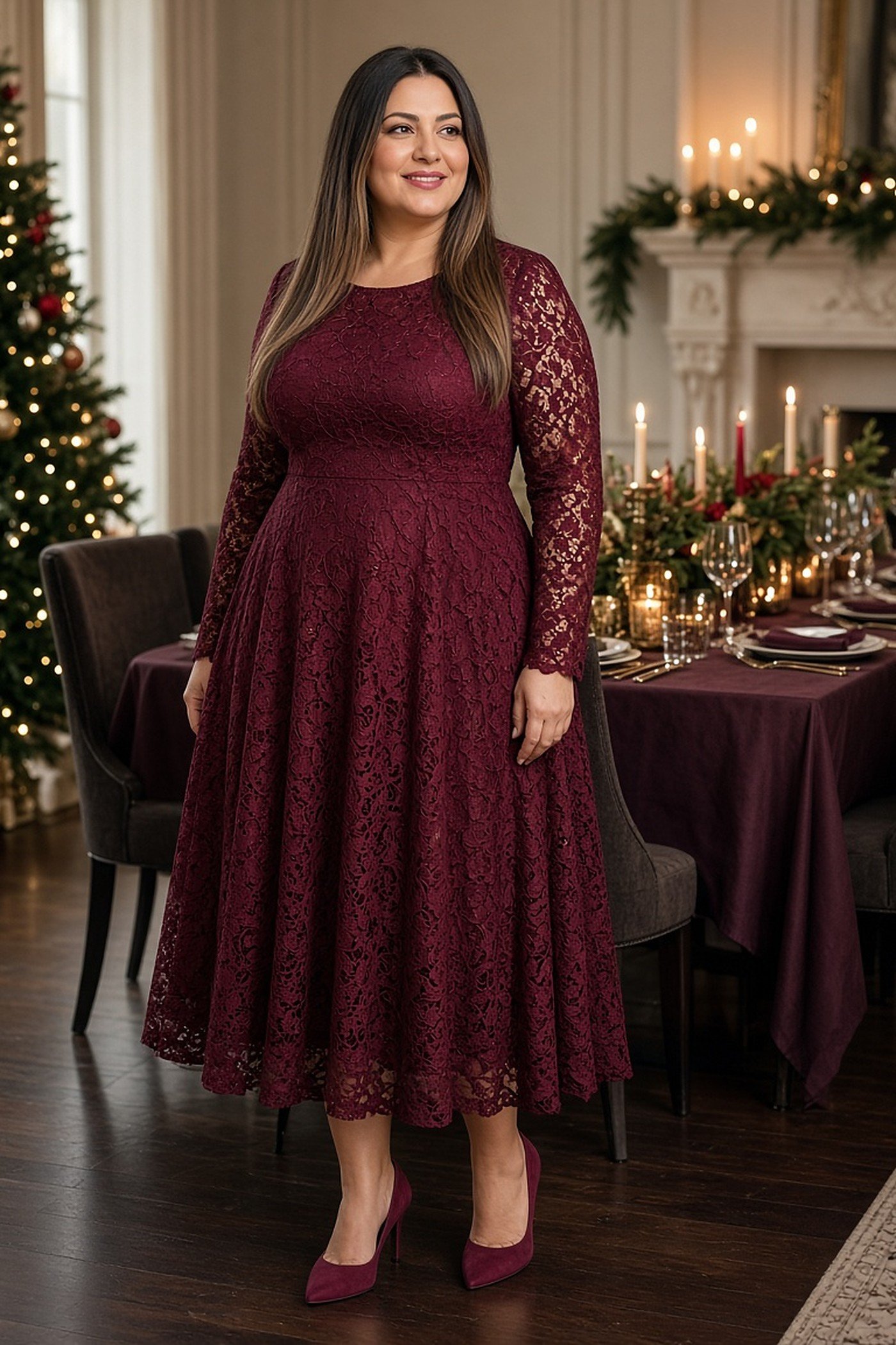 Plus-size woman in burgundy lace dress