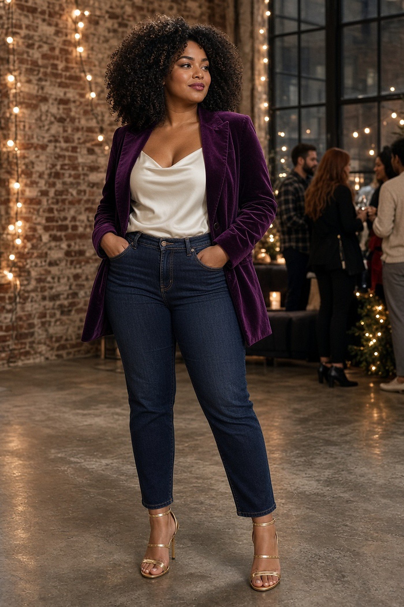 Plus-size woman in plum velvet blazer and silk cami