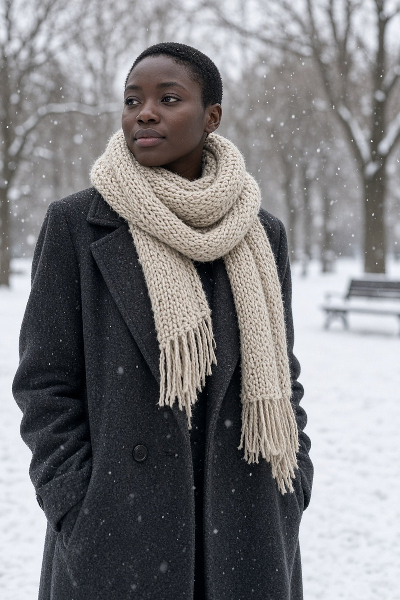 Woman in her 20s wearing a chunky oatmeal knit scarf