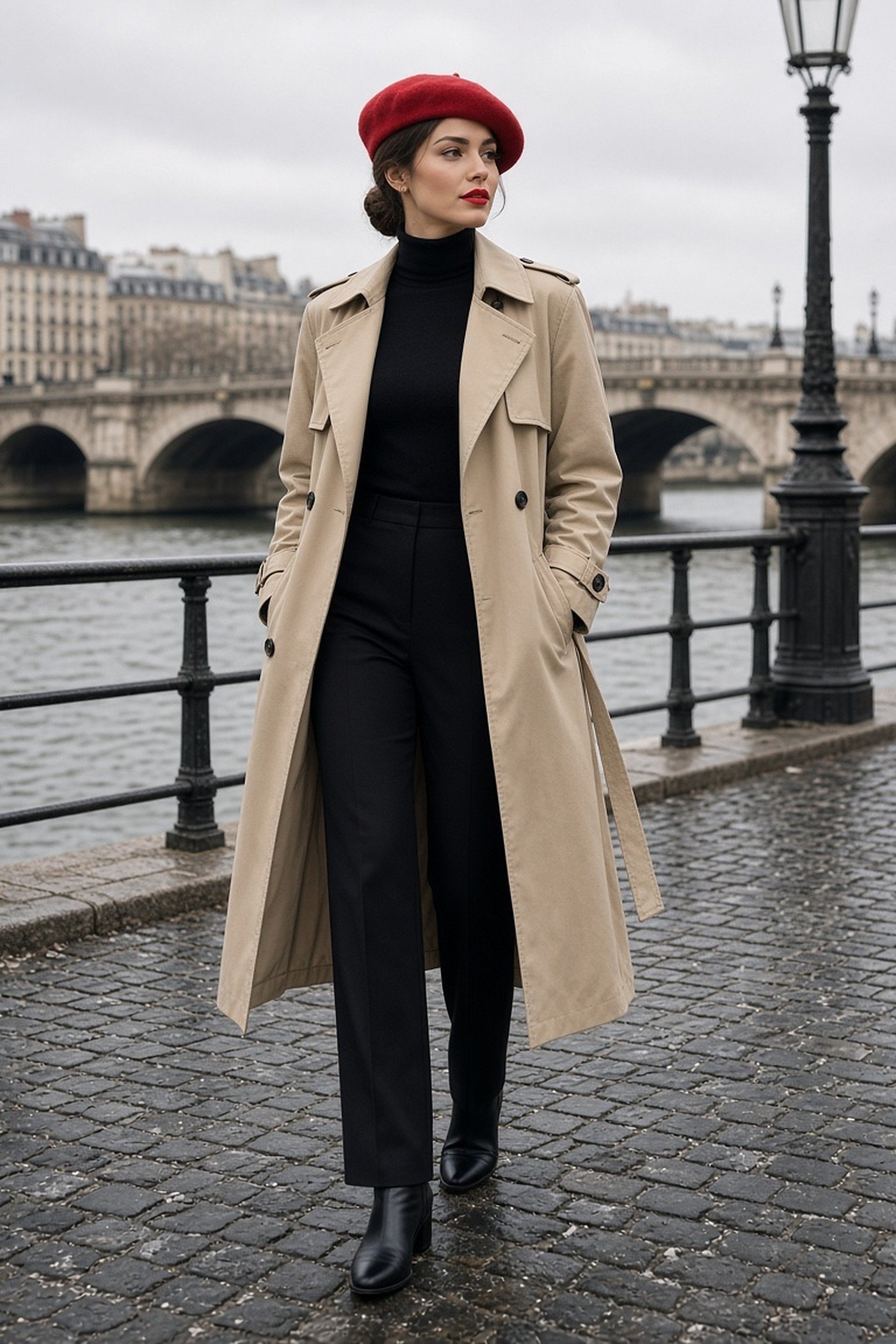 Woman in her 20s in a red wool beret and trench coat