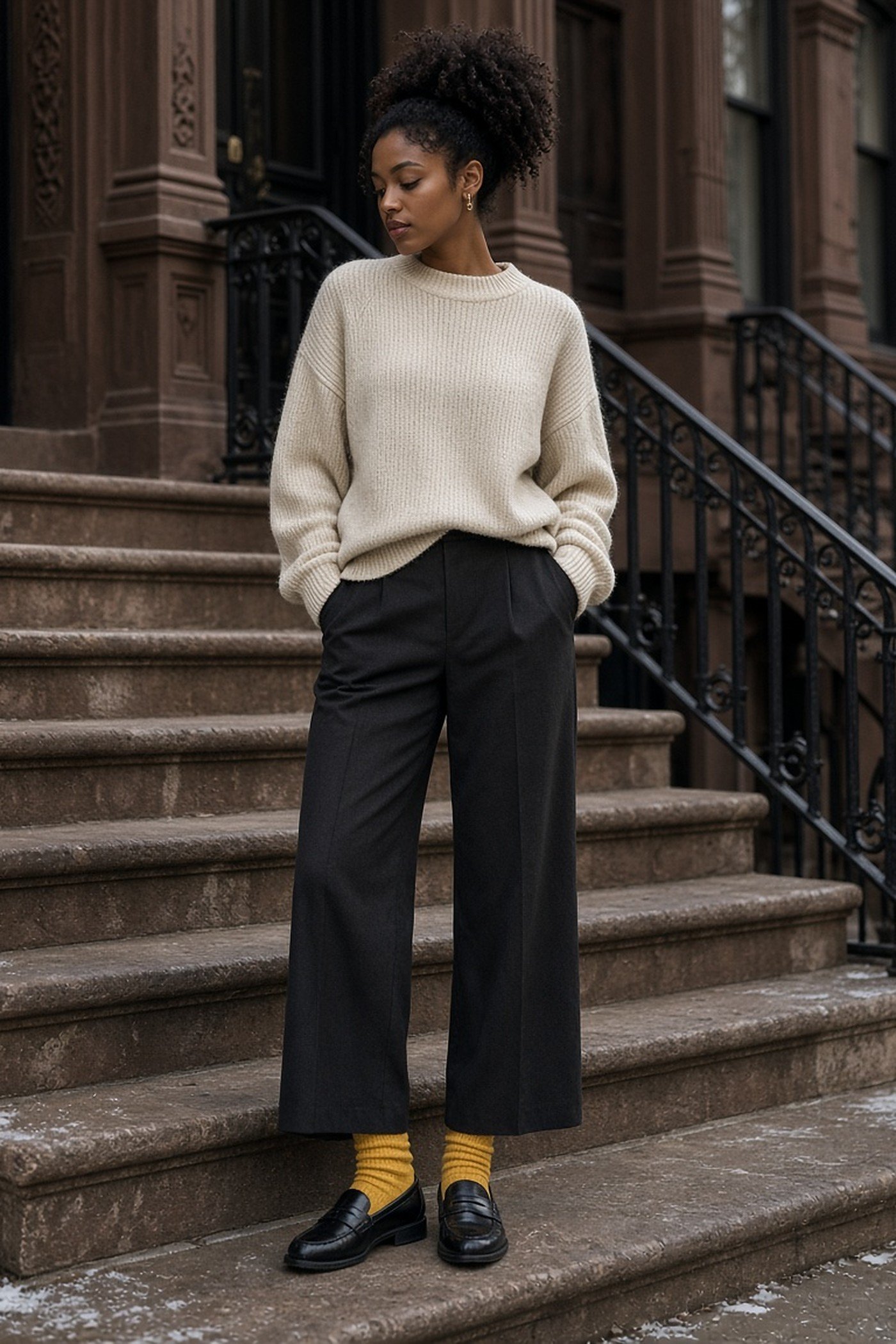 Woman in her 20s in mustard socks with black loafers