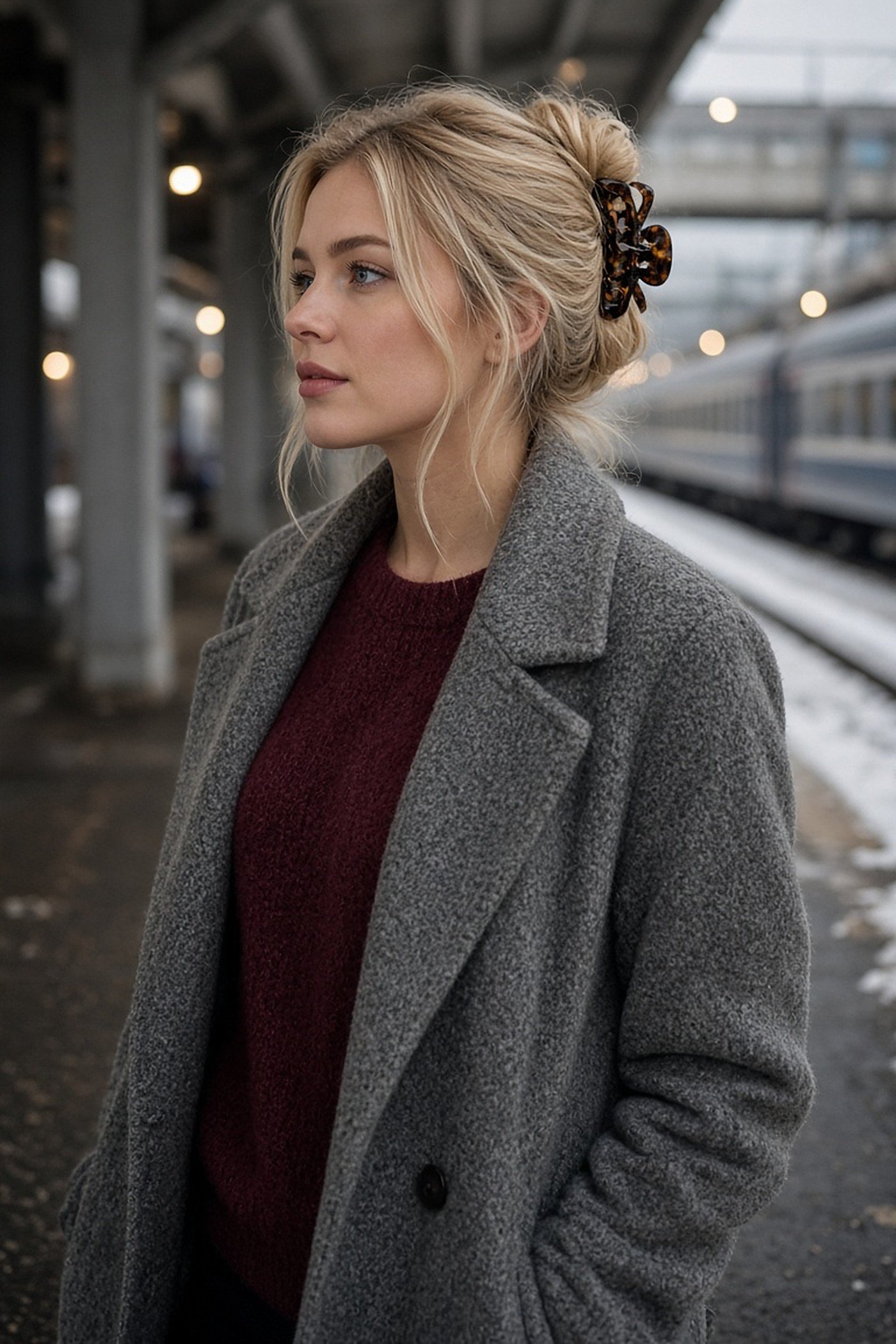 Woman in her 20s with a tortoiseshell claw clip