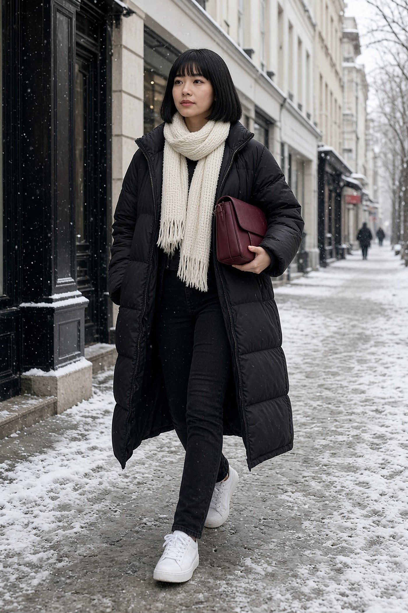 Woman in her 20s with a burgundy faux leather shoulder bag