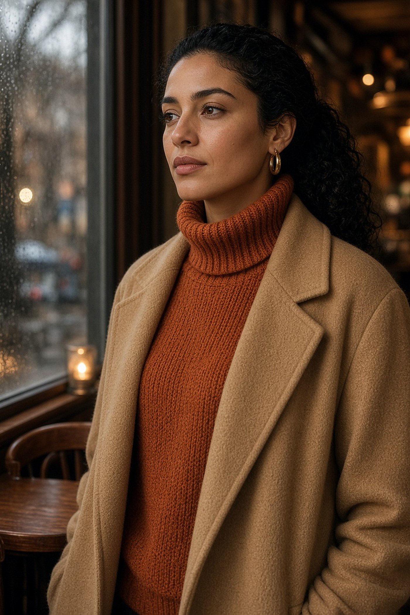Woman in her 20s wearing gold hoops with a rust turtleneck
