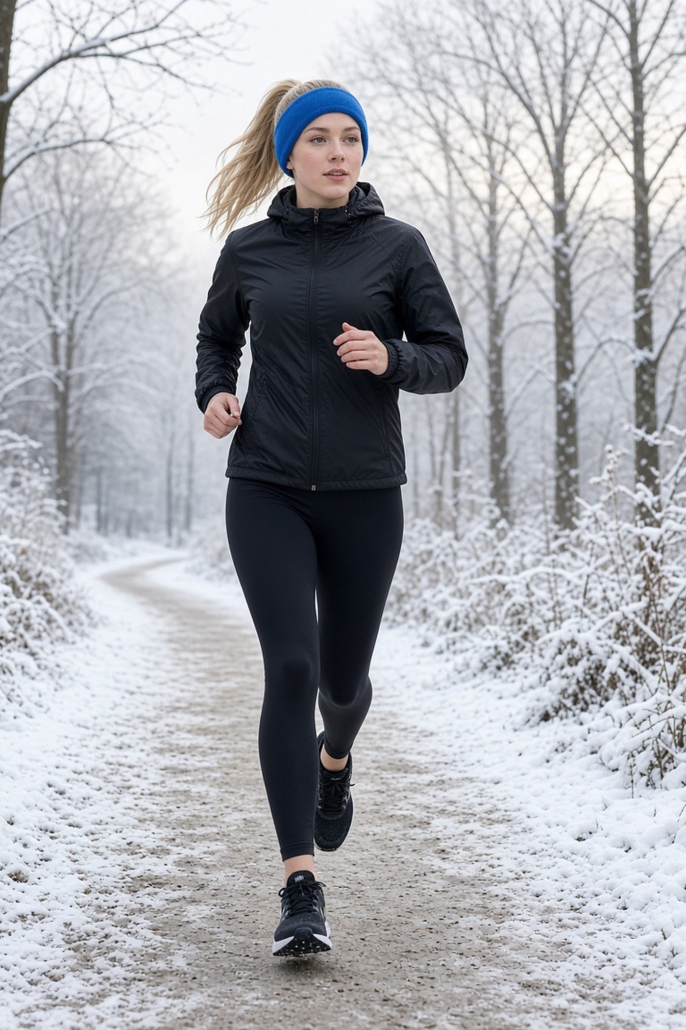 Woman in her 20s in a blue fleece headband running in snow