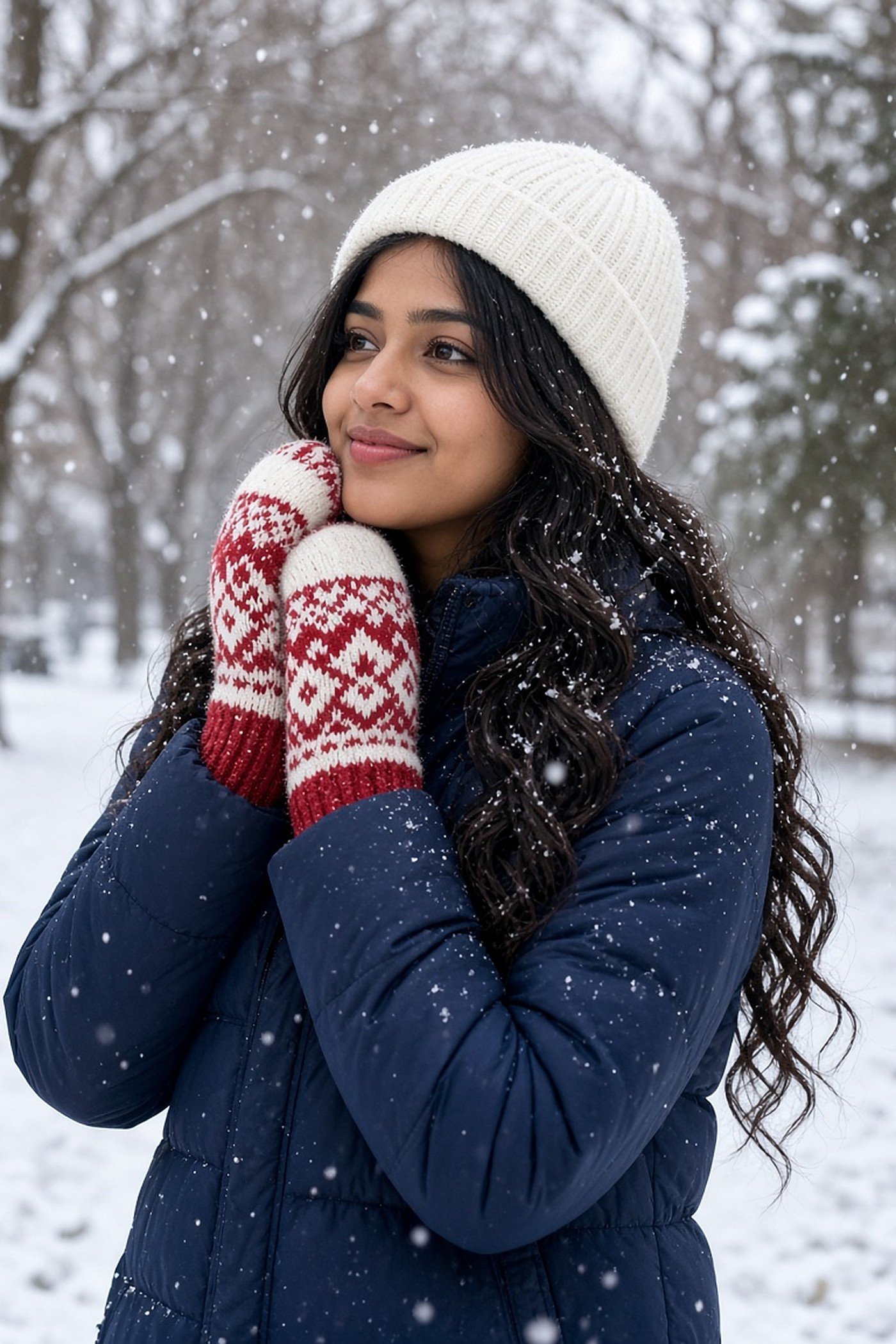 Woman in her 20s in red Nordic mittens in the snow