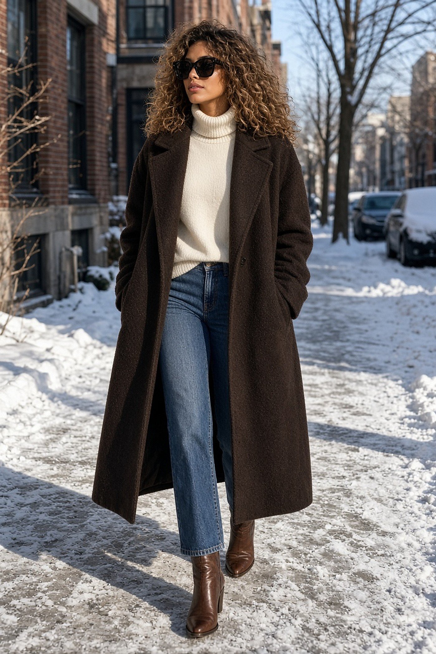 Woman in her 20s in oversized black sunglasses in winter sun