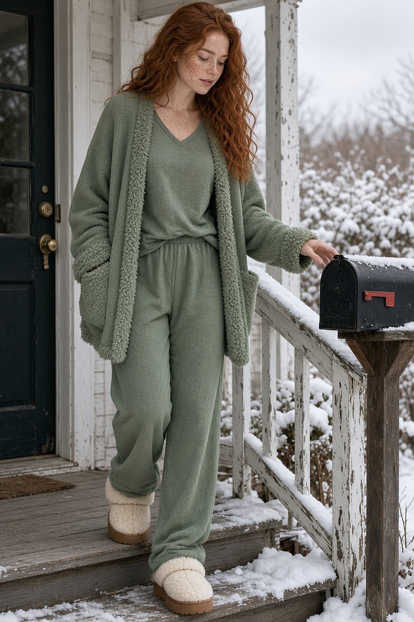 Woman in her 20s in shearling slippers on a snowy porch