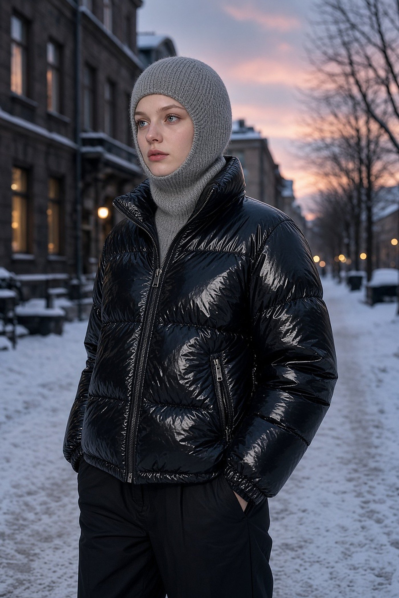 Woman in her 20s in a gray knit balaclava and black puffer