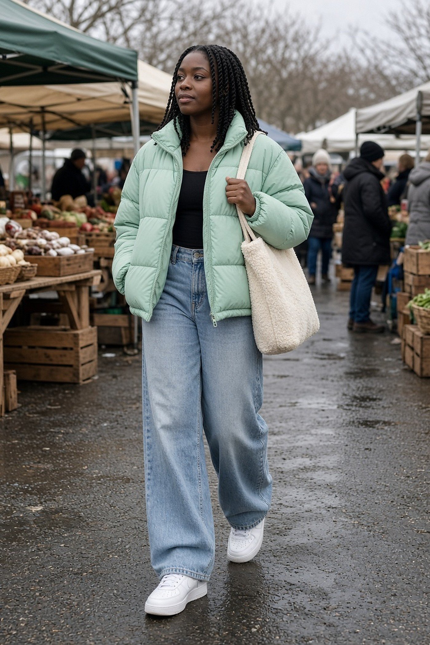 Woman in her 20s carrying a fuzzy teddy tote