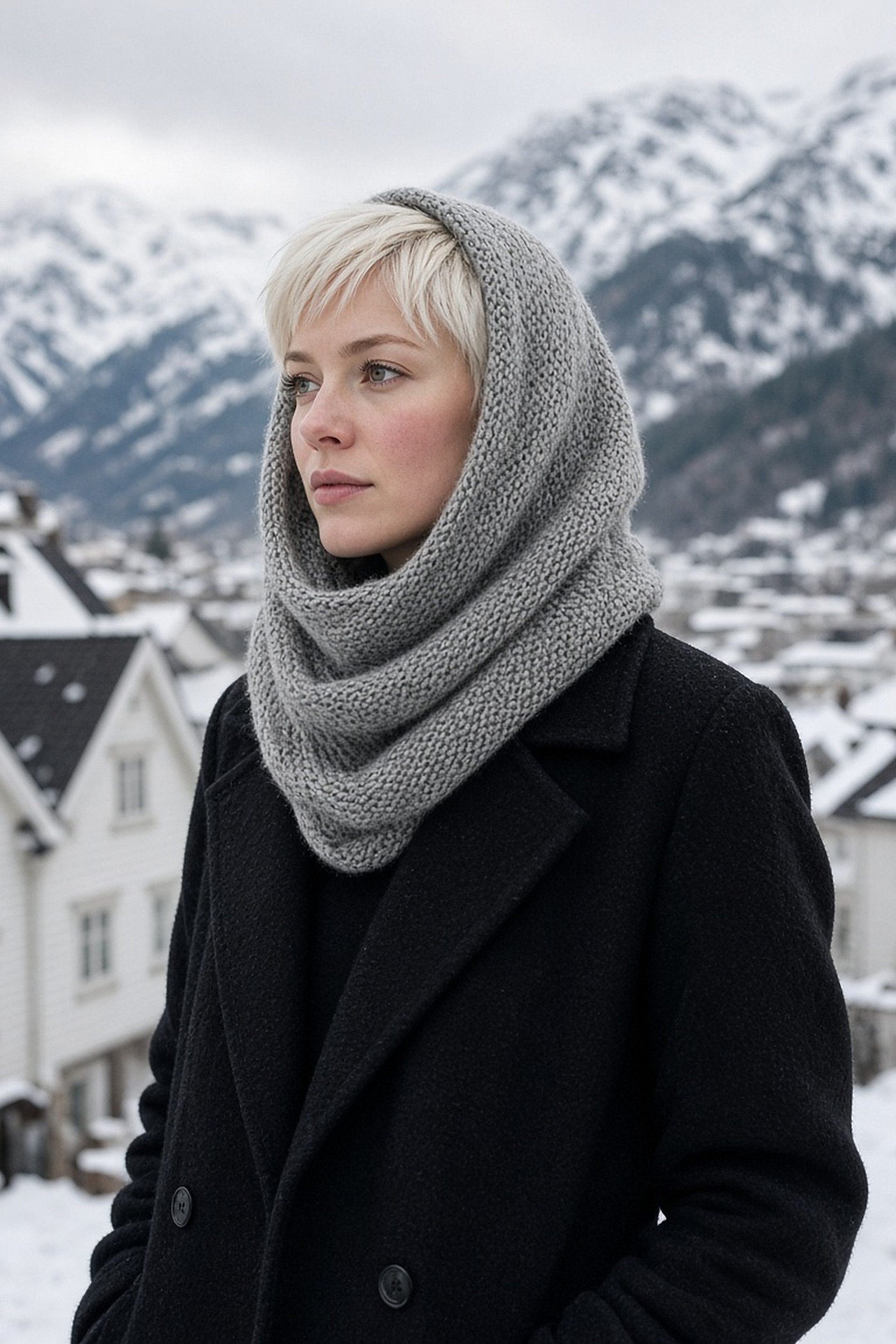 Woman in her 20s in a gray knit snood