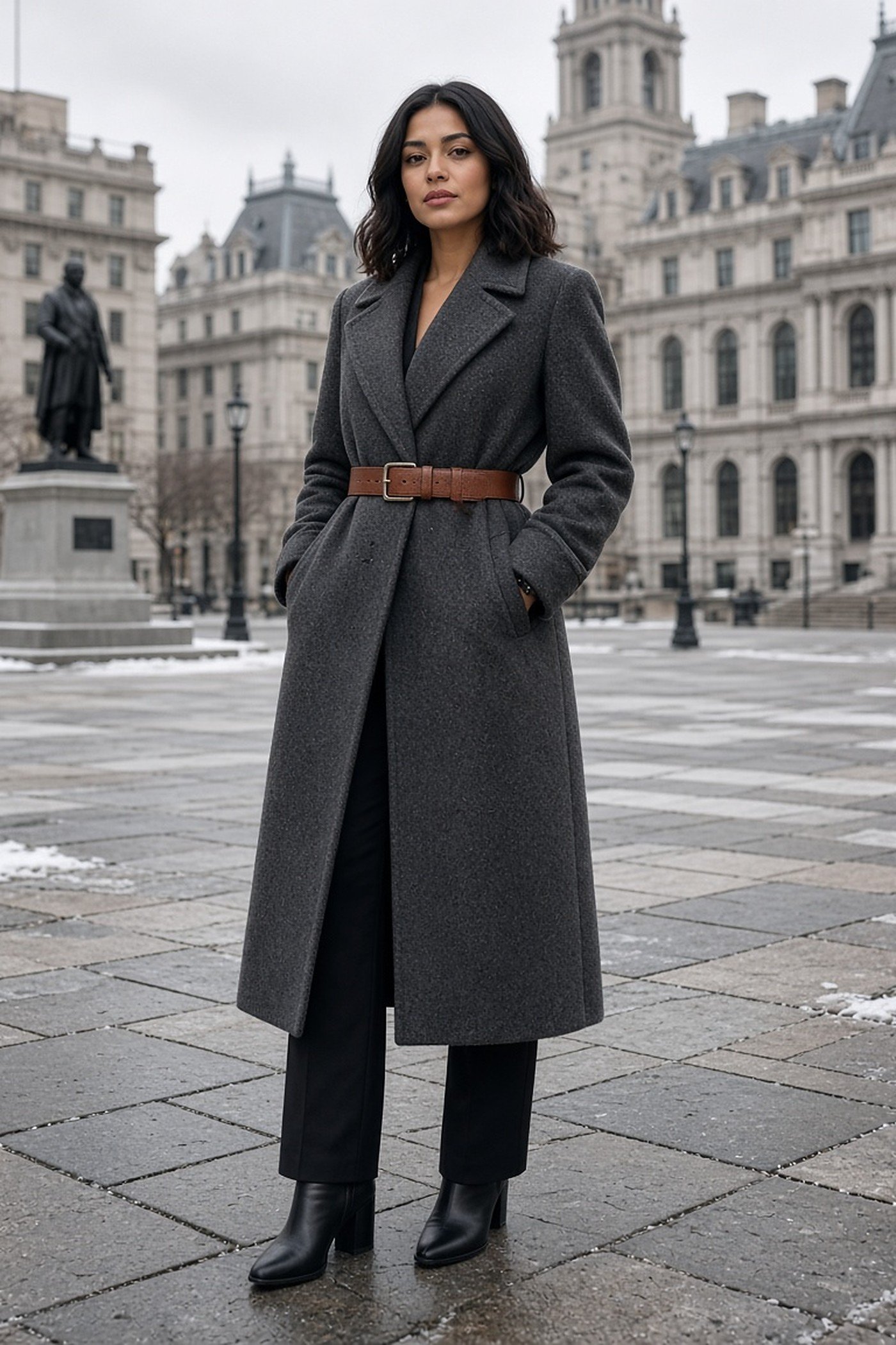 Woman in her 20s with a leather belt over a gray coat