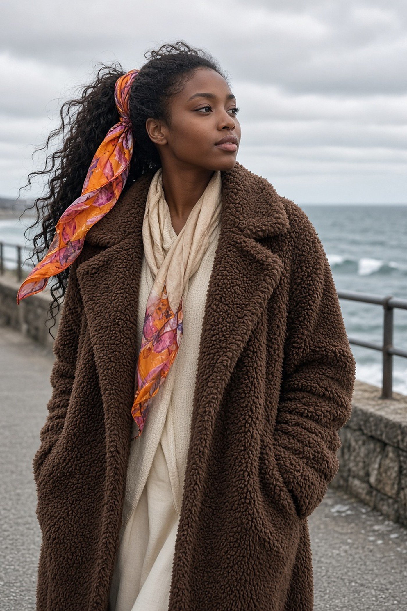 Woman in her 20s with a silk scarf in her ponytail