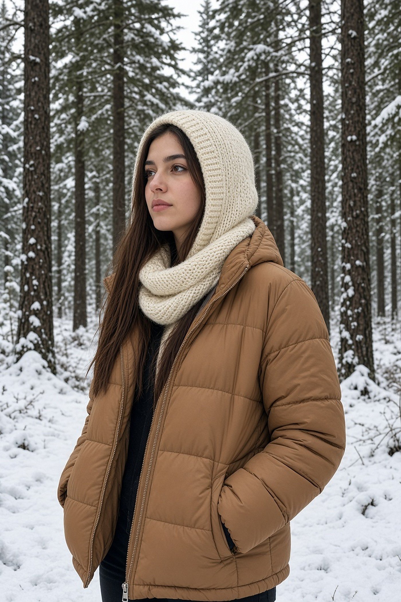 Woman in her 20s in a chunky cream knit hood