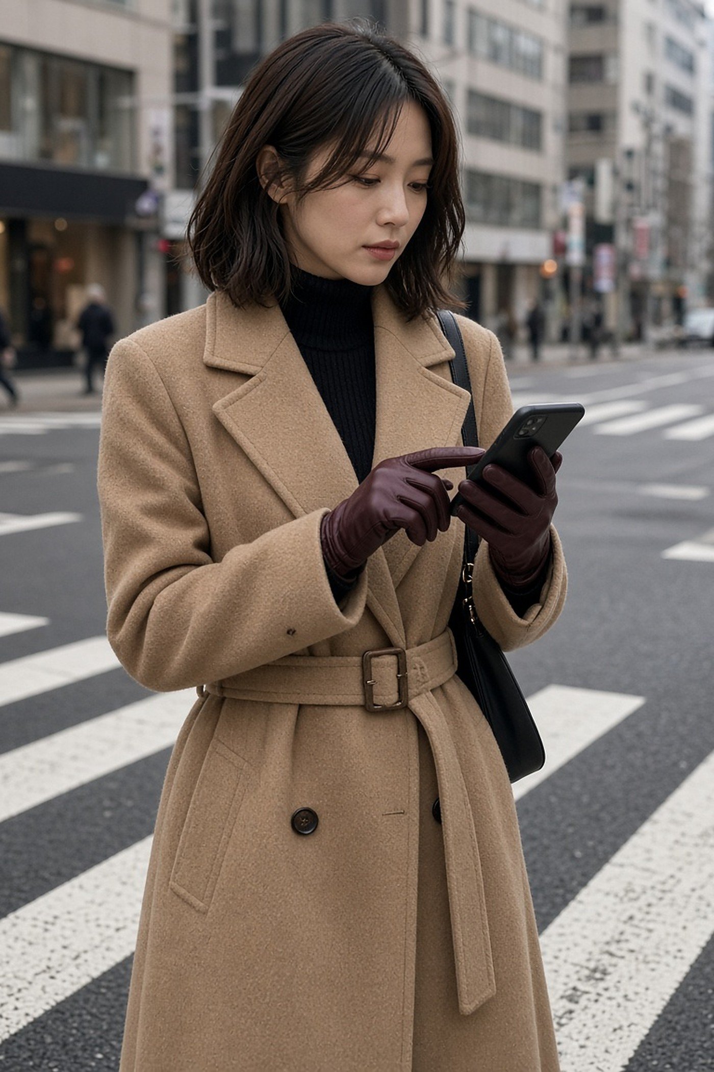 Woman in her 20s wearing burgundy leather gloves with a phone