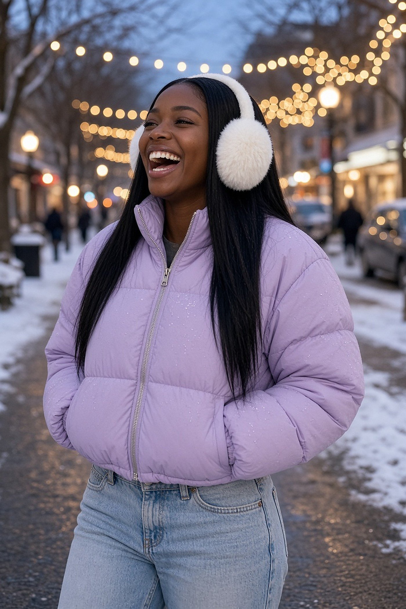 Woman in her 20s in white faux fur earmuffs
