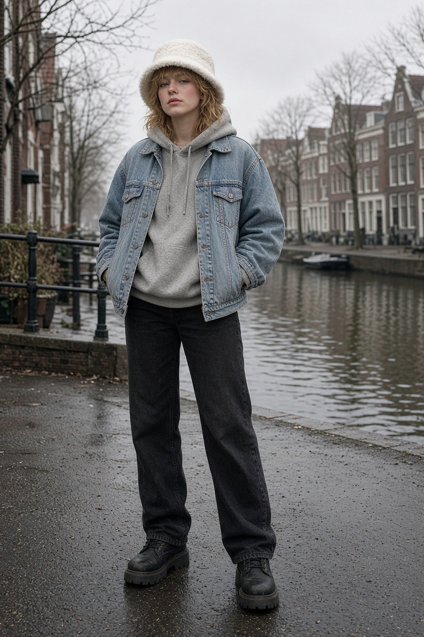 Woman in her 20s in a cream shearling bucket hat