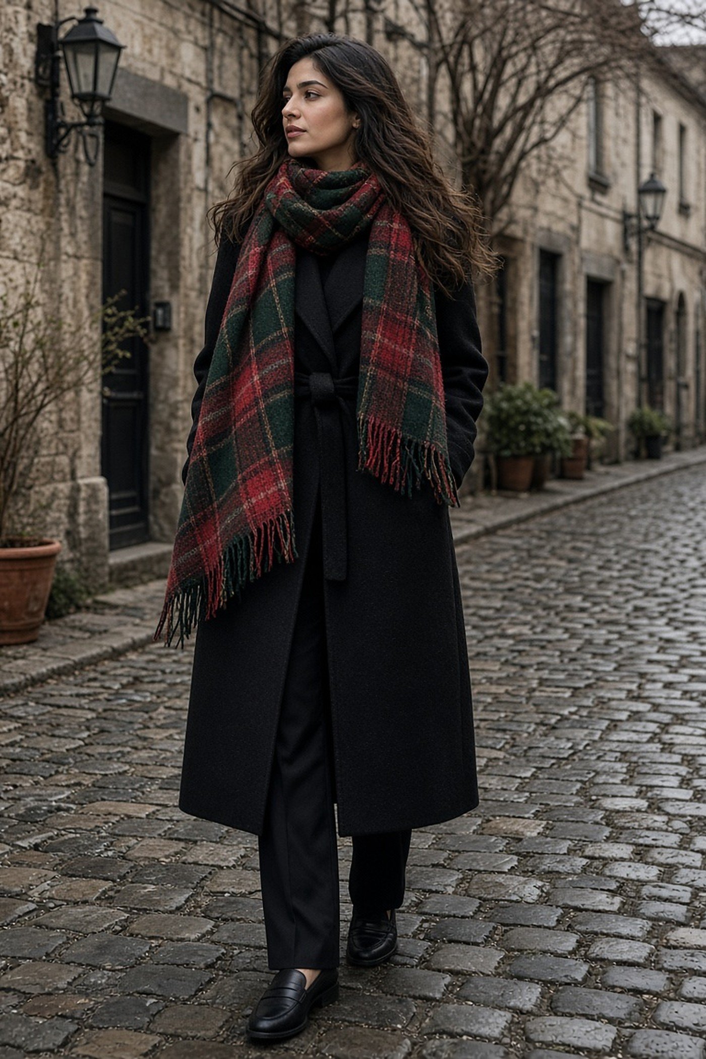 Woman in her 20s in a tartan blanket scarf over a black coat