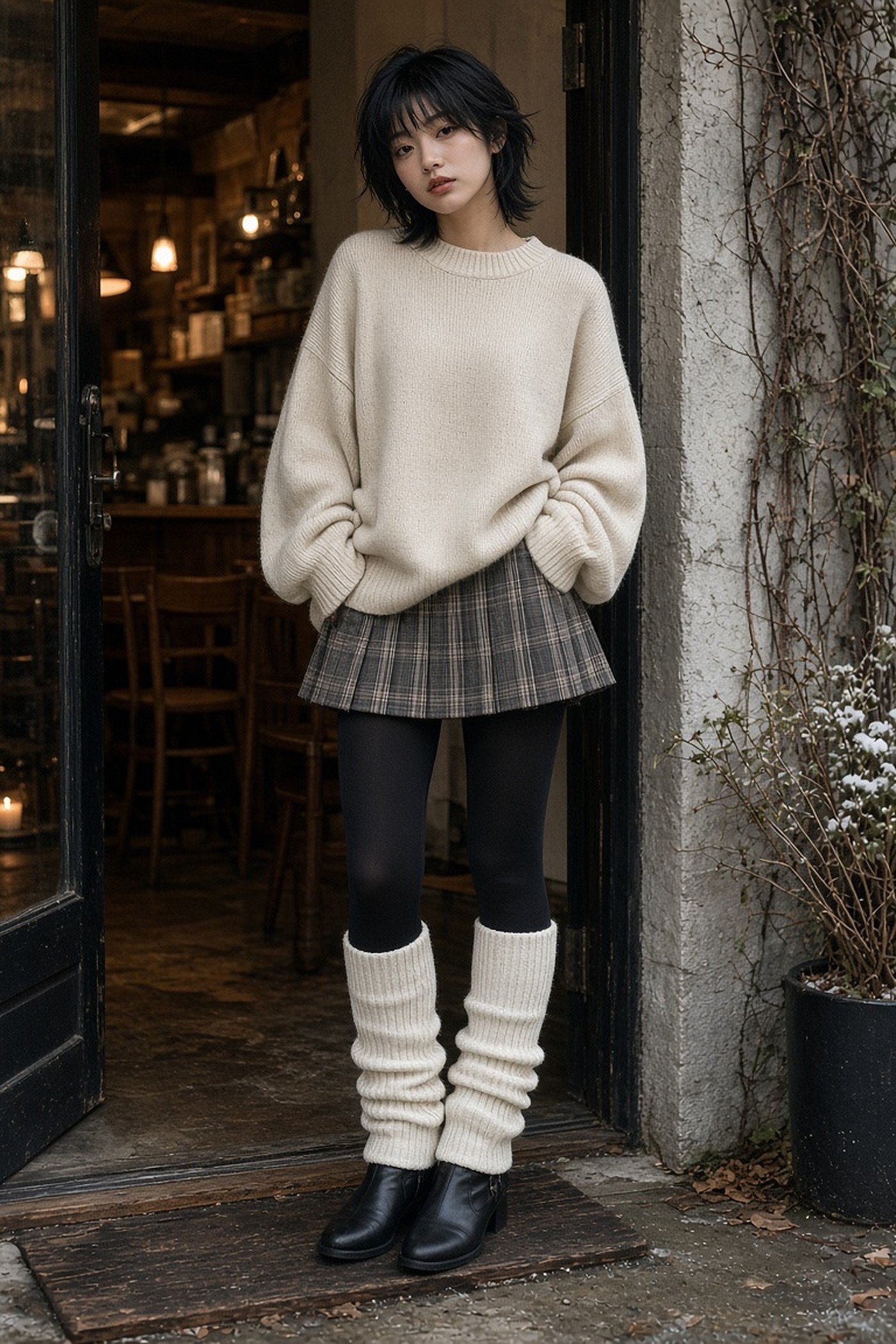 Woman in her 20s in cream knit leg warmers over tights