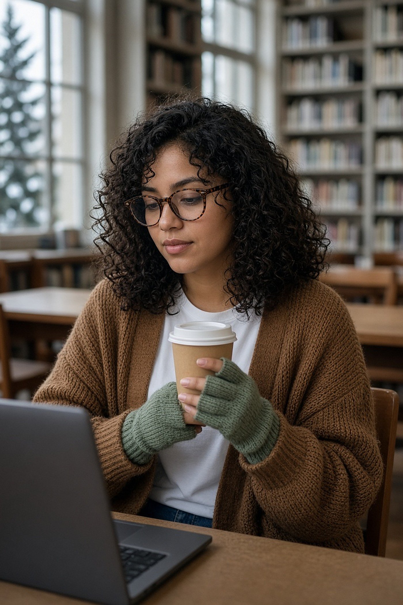 Woman in her 20s in green fingerless gloves holding coffee