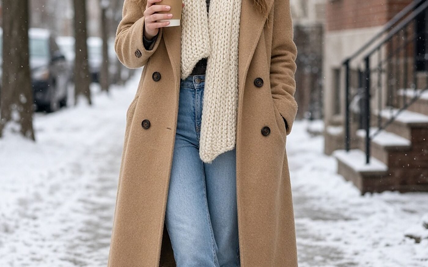 Woman in her 20s with cream knit beanie and chunky scarf in winter